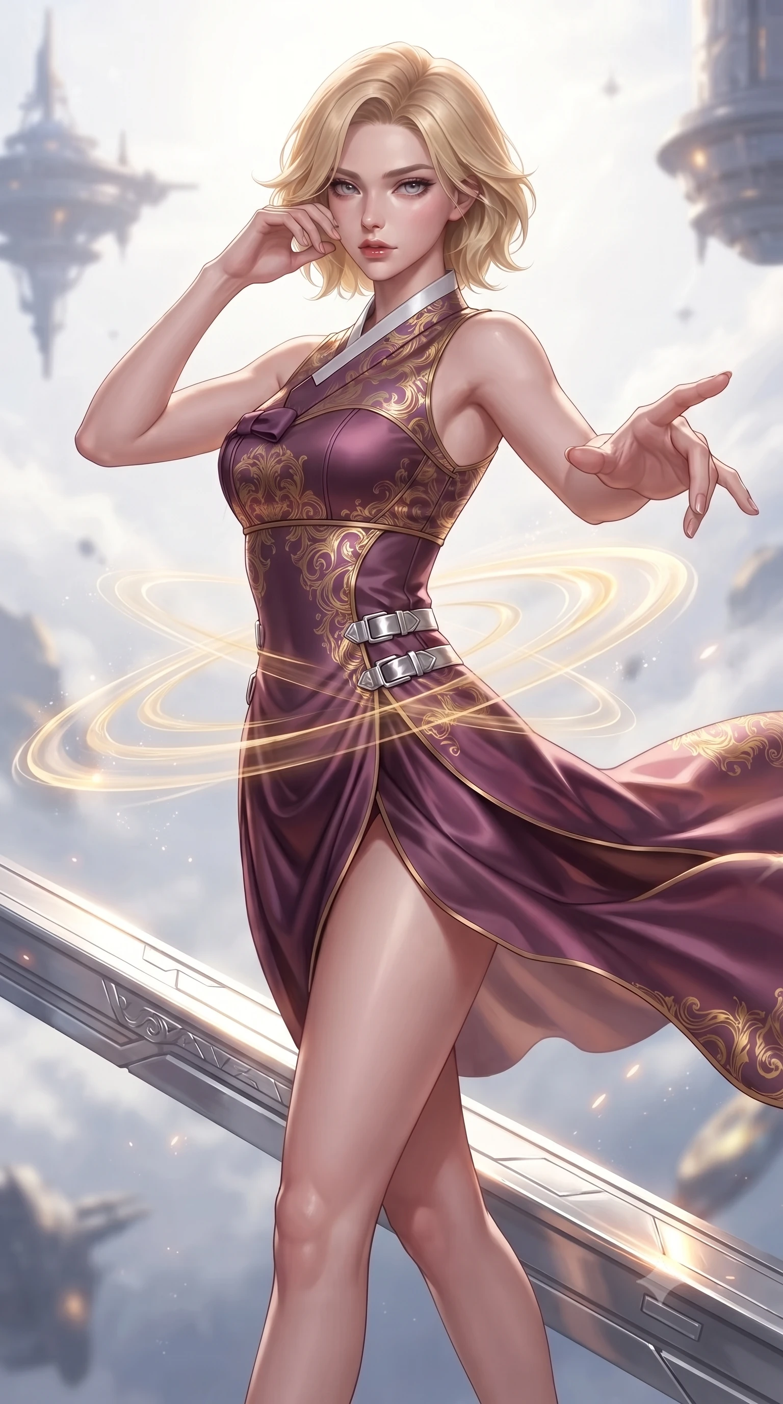 score_9, masterpiece, best quality, ultra-detailed, high-budget anime keyframe, editorial fashion photography, tasteful artistic composition, Caucasian woman. close-up cowboy shot from the waist and thighs up, the character dominates the composition, filling the frame with her large presence, background elements kept in soft focus. Resting her fingers gracefully near her temple, casting a sharp mysterious side-gaze during her stride while reaching one arm gracefully toward the camera while balancing on a floating platinum beam, translucent golden energy rings orbiting around her slender waist in mid-air. She has an exceptionally elegant, slender, and willowy female figure with an ultra-slim waist, a gracefully sculpted slender torso, and a refined silhouette. sharp v-shaped jawline, high-bridge nose, intricate jewel-like eyes with depth, thick eyelashes, glossy lips with a natural sheen, flawlessly proportioned anatomical accuracy, natural body alignment, perfectly sculpted elegant limbs, clean dynamic posture without body distortion. wearing a modern fusion silk hanbok dress with a structured bodice and flowing skirt in plum purple and gold filigree, crafted from lustrous satin jersey with fluid draping, detailed with polished silver buckles along the waistline, the tailored fabric tightly following every curve of her athletic build. surrounded by a brilliant solar aura with high-contrast metallic specular shine. ultra-reflective glossy finish, specular highlights, metallic sheen, high-contrast stereoscopic depth, volumetric dynamic lighting, 2k, ultra detail, master piece, 9:16 ratio