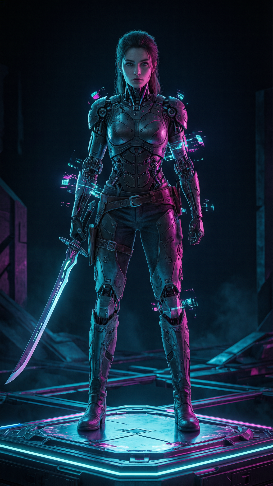 score_9, masterpiece, best quality, ultra-detailed, cyberpunk tech-fantasy aesthetic, holographic accents, dark sci-fi tone, A cybernetic swordswoman standing on a floating neon platform. low angle cowboy shot filling the 9:16 frame, 8-heads proportion, towering silhouette. bioluminescent neon reflections, high-contrast cyan and magenta low-key lighting, sharp focus, master piece, 2k, 9:16 ratio