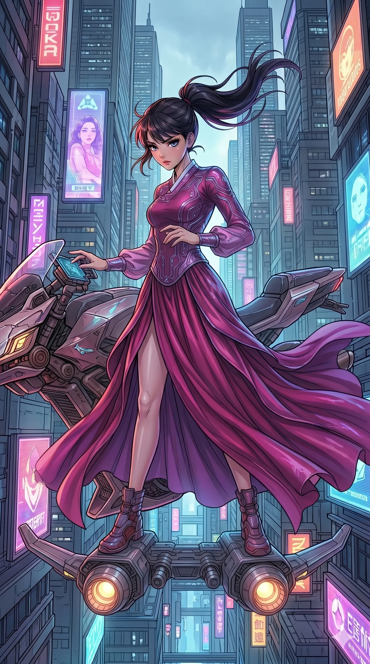 score_9, masterpiece, best quality, ultra-detailed, high-budget anime movie keyframe, cinematic anime lighting, intricate line art, Japanese woman. Mid-air action shot capturing a graceful twist and vertical silhouette. piloting a hover-bike through a narrow canyon of skyscrapers. She has an graceful and slender female figure with elegant proportions. strictly human anatomy, two legs only, no extra limbs, clearly defined legs and arms, well-defined anatomy, perfect hands and fingers. sharp v-shaped jawline, high-bridge nose, intricate jewel-like eyes, thick eyelashes, glossy lips. Wearing Modern Traditional: Modernized cyber-hanbok with elegant silk robes and holographic accents. The scene is illuminated by dramatic atmospheric lighting and vibrant color palettes. , 2k, ultra detail, master piece, 9:16 ratio