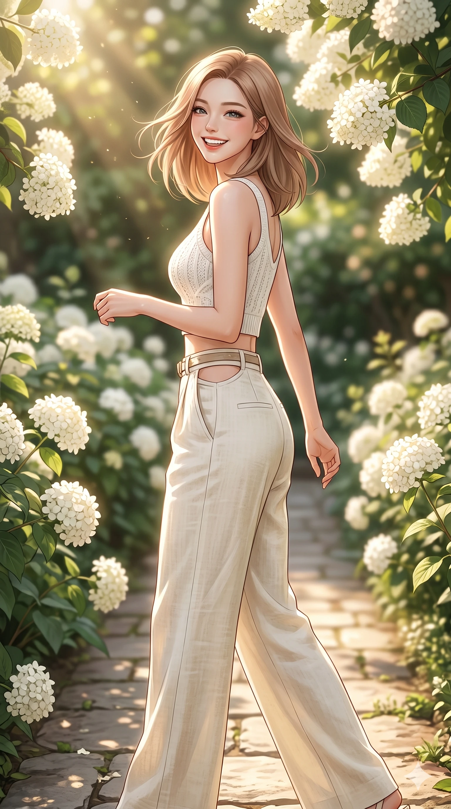 score_9, masterpiece, best quality, ultra-detailed, high-budget anime keyframe, editorial fashion photography, tasteful artistic composition, Korean woman. cowboy shot from the thighs up, character and outfit filling the frame for maximum editorial presence. turning around with a bright, happy grin, her eyes sparkling with joy walking along a garden pathway with blooming white hydrangeas. She has an absolutely perfect 8-heads proportion, an exceptionally tall and slender female figure with impossibly long slender legs and an ultra-slim waist. V-shaped jawline, high-bridge nose, intricate jewel-like eyes with depth, thick eyelashes, glossy lips with a natural sheen. wearing a white knit crop top and high-waisted linen trousers with side cutouts. bathed in warm afternoon sunbeams filtering through the flowers, creating a soft glow. 2k, ultra detail, master piece, 9:16 ratio