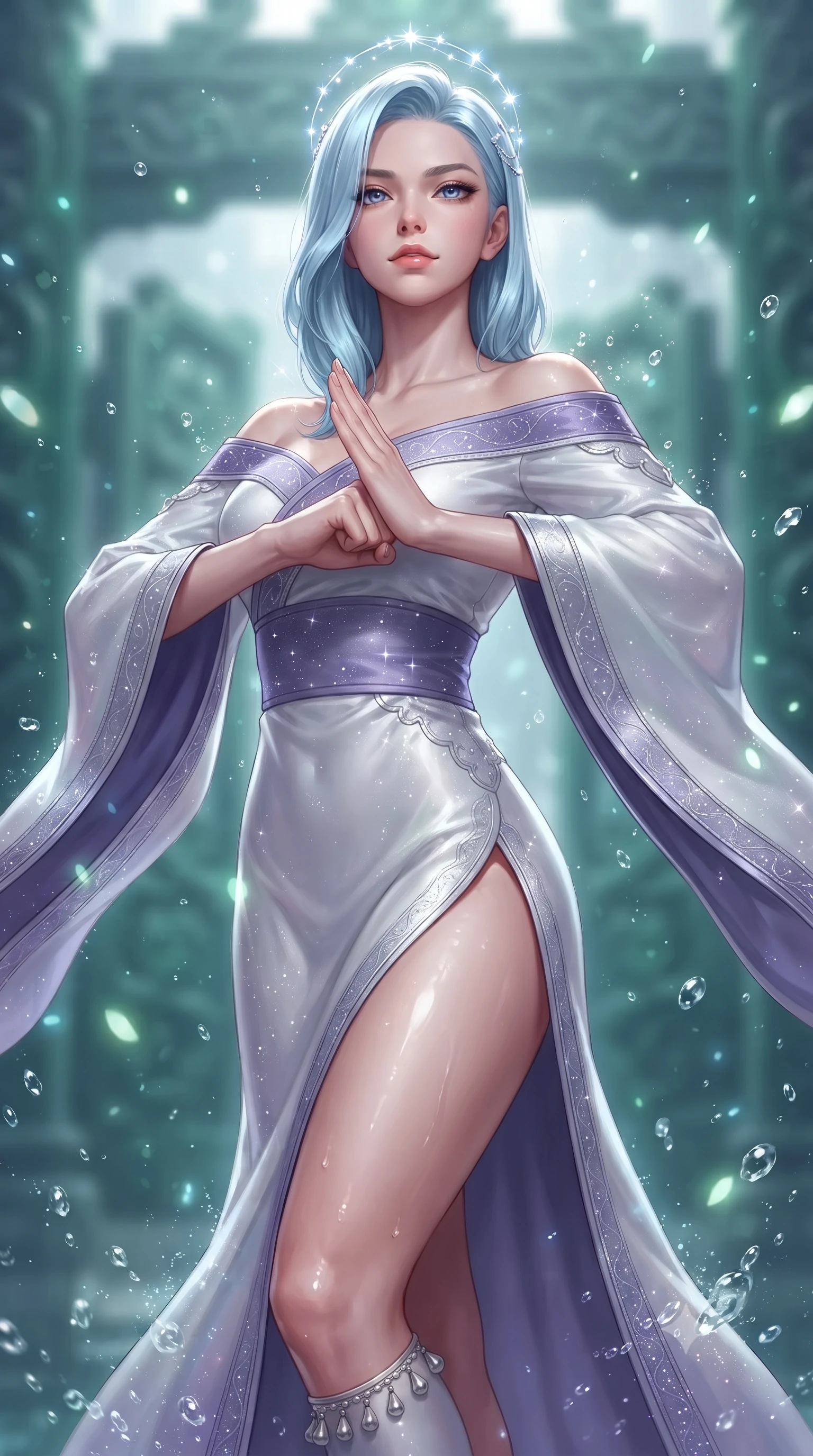 score_9, masterpiece, best quality, ultra-detailed, high-budget anime keyframe, editorial fashion photography, tasteful artistic composition, Korean woman. close-up cowboy shot from the waist and thighs up, the character dominates the composition, filling the frame with her large presence. tilting her chin up with proud, sovereign confidence while gazing directly into the lens with thick, dark eyelashes while arching her spine in a fluid martial arts greeting stance before the colossal biomechanical jade palace gates. The composition keeps background elements in soft focus with creamy bokeh. sparkling water droplets and glowing jade micro-particles scattering luminous light motes. She has an exceptionally elegant, slender, and willowy female figure with an ultra-slim waist, a gracefully sculpted slender torso, toned flat midriff, and a refined slim silhouette. sharp v-shaped jawline, high-bridge nose, intricate jewel-like eyes with depth, thick eyelashes, glossy lips with a natural sheen, captivating and magnetic expression, flawlessly proportioned anatomical accuracy, strict slender model proportions, natural body alignment, perfectly sculpted long slender limbs, ultra-slim waistline, clean dynamic posture without body distortion. wearing an off-shoulder celestial kimono gown with fluttering silk drapes and a high side slit in celestial opal white and stardust violet, tailored from traditional lustrous satin with delicate hand-stitched borders, accented with dainty silver ankle bells and a glowing constellation circlet, the sleek tailored cut tightly hugging her graceful clavicle, narrow waist, and feminine curves with statuesque precision. illuminated by wet reflective highlights defining her sculpted neck, waistline, and slender legs. ultra-reflective glossy finish, specular highlights, rich textural contrasts, high-contrast stereoscopic depth, volumetric dynamic lighting, 2k, ultra detail, master piece, 9:16 ratio
