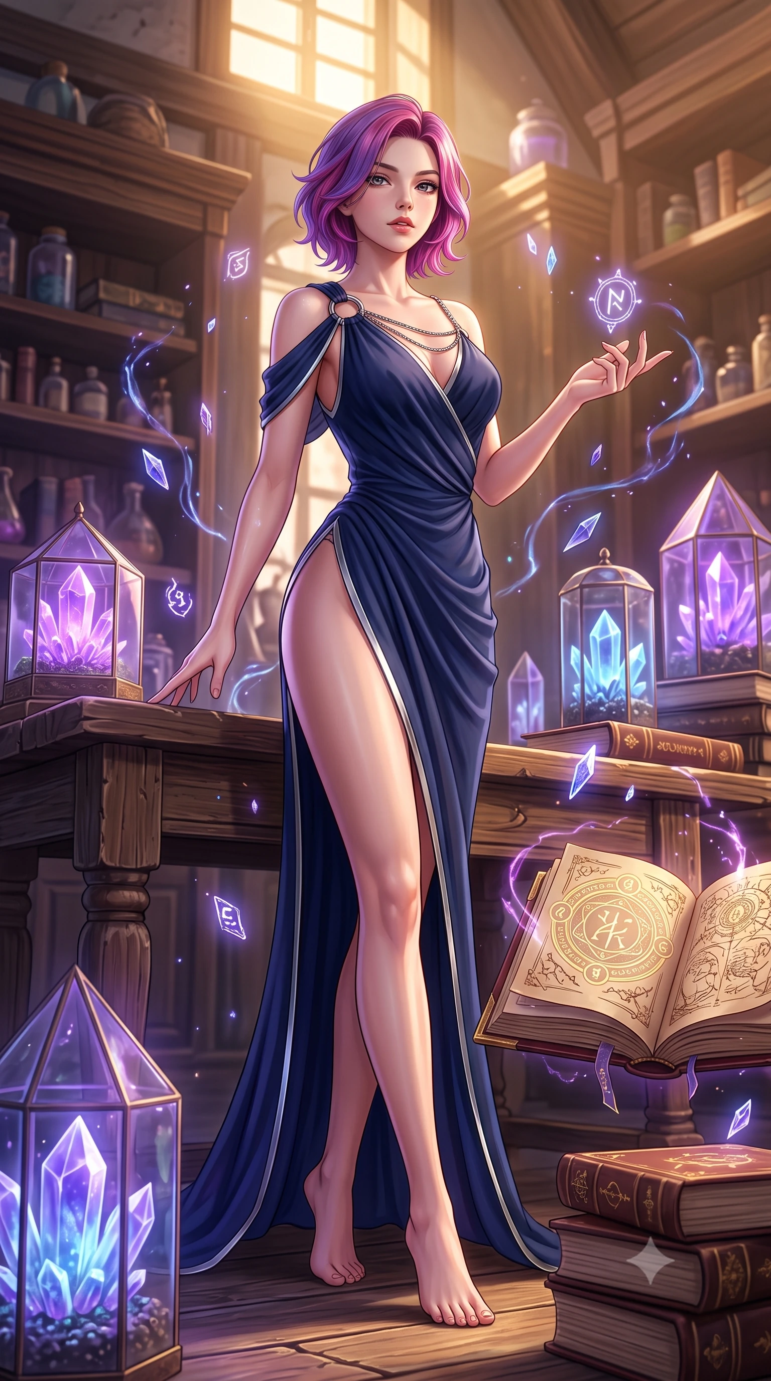 score_9, masterpiece, best quality, ultra-detailed, high-budget anime keyframe, editorial fashion photography, tasteful artistic composition, Caucasian woman. low angle full-body shot from head to toe showing her feet, filling the entire 9:16 vertical frame with her statuesque presence, stretching her vertical silhouette. interacting gracefully with the magical floating elements while maintaining a confident posture resting on an antique wooden workbench surrounded by glowing crystal terrariums, leather-bound grimoires with glowing gold arcane runes open nearby. She has an absolutely perfect, statuesque 8.5-heads proportion, an exceptionally tall and slender model-like female figure with impossibly long slender legs and an ultra-slim waist. sharp v-shaped jawline, high-bridge nose, intricate jewel-like eyes with depth, thick eyelashes, glossy lips with a natural sheen. wearing an asymmetrical Grecian draped chiffon gown with a metallic shoulder ring in midnight navy blue and chrome trim, crafted from smooth liquid silk, adorned with delicate metallic chain straps along the neckline, the form-contouring material highlighting her ultra-slim waist and long lines. bathed in warm golden sunlight and soft violet magical inner glow. highly saturated vibrant anime colors, detailed shading with soft gradients, rich glossy textures, high-contrast stereoscopic depth, volumetric dynamic lighting, master piece, 9:16 ratio