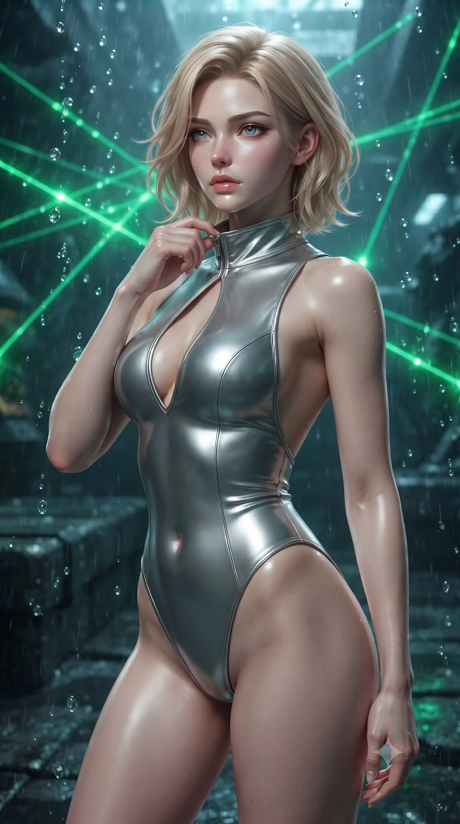score_9, masterpiece, best quality, ultra-detailed, high-budget anime keyframe, editorial fashion photography, tasteful artistic composition, Caucasian woman. close-up cowboy shot from the waist and thighs up, the character dominates the composition, filling the frame with her large presence, background elements kept in soft focus. adjusting the high collar of her body-hugging suit, looking past the camera with quiet, sharp focus and a composed expression, the background shows a soft-focus an underwater dock for personal submarines made of dark basalt stone. She has an exceptionally elegant, slender, and willowy female figure with an ultra-slim waist, a gracefully sculpted slender torso, and a refined silhouette. sharp v-shaped jawline, high-bridge nose, intricate jewel-like eyes with depth, thick eyelashes, glossy lips with a natural sheen. wearing a tailored backless combat bodysuit in metallic silver, featuring a plunging keyhole cutout and low-cut back. fluorescent green dock status lasers refracting through water droplets. ultra-reflective glossy finish, specular highlights, metallic sheen, high-contrast stereoscopic depth, volumetric dynamic lighting, 2k, ultra detail, master piece, 9:16 ratio