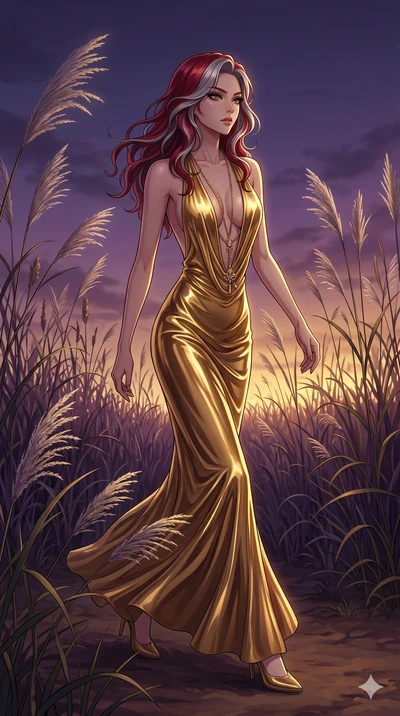 score_9, masterpiece, best quality, ultra-detailed, High-budget Anime Keyframe, East Asian woman. Dynamic full-body shot stretching the vertical silhouette to the limit. Scenario 248: Walking through a field of tall silver grass at twilight. Her pres