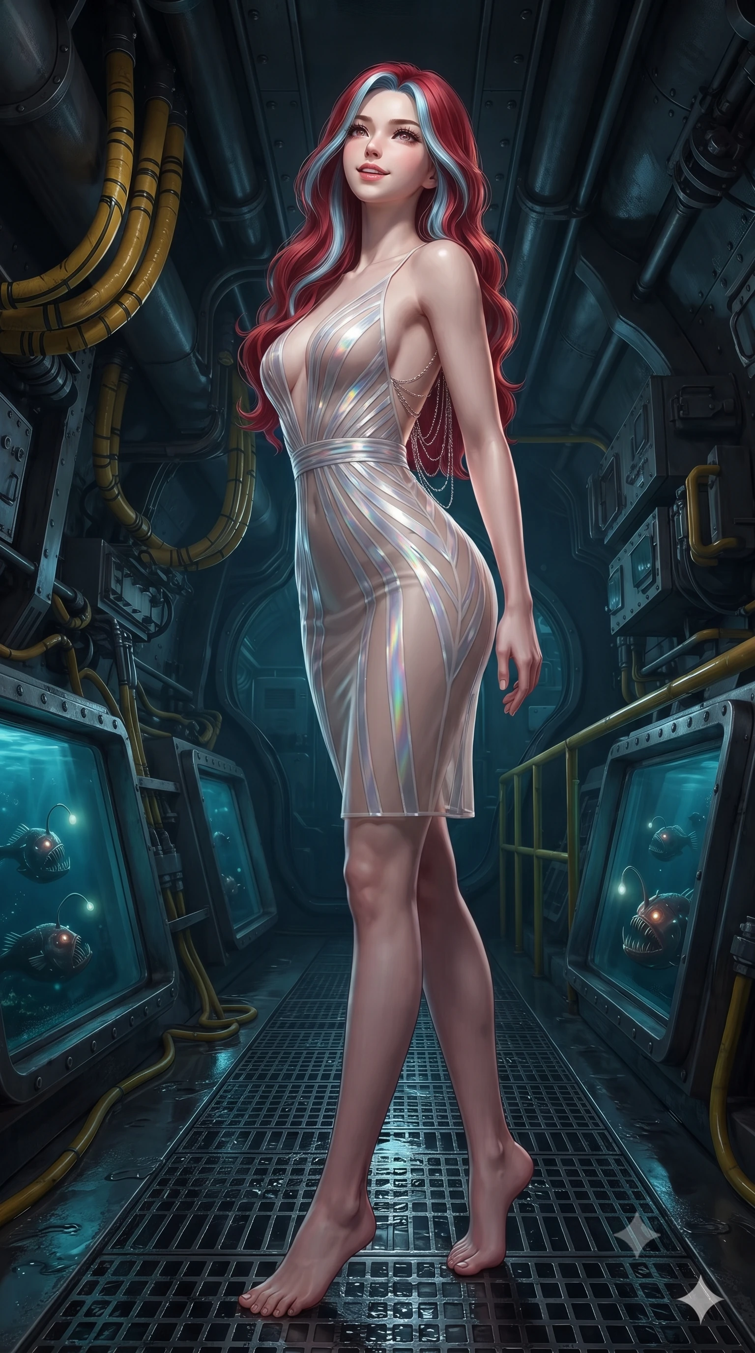 score_9, masterpiece, best quality, ultra-detailed, high-budget anime keyframe, editorial fashion photography, tasteful artistic composition, Caucasian woman. low angle full-body shot from head to toe showing her feet, filling the entire 9:16 vertical frame with her statuesque presence, stretching her vertical silhouette. sitting poised on the stone steps with one knee bent, arching her spine with supermodel elegance as she glances upward through thick eyelashes while standing poised on the grated steel catwalk above flooded torpedo launch tubes, arching her spine with mysterious siren elegance as deep-sea anglerfish glow through the thick glass. The surrounding environment is rendered in vivid detail and crisp panoramic clarity: sharp riveted titanium hull bulkheads, yellow hydraulic hose lines, and thick acrylic viewport bevels in deep focus. She has an exceptionally tall and slender model-like 8.5-heads proportion, an ultra-slim waist, a flat toned midriff, narrow delicate ribcage, and beautifully sculpted feminine hips creating a graceful, slim hourglass silhouette without any bulky heaviness, with impossibly long slender legs. sharp v-shaped jawline, high-bridge nose, intricate jewel-like sparkling eyes with depth, thick eyelashes, glossy parted lips with a natural peach sheen, bright cheerful beaming smile with an enchanting and coquettish sensual glint, exuding both youthful cute charm and seductive allure, flawlessly proportioned anatomical accuracy, strict slender model proportions, natural body alignment, perfectly sculpted long slender limbs, ultra-slim waistline, clean dynamic posture without body distortion. wearing a plunge-front sheer illusion tulle combat slip dress with liquid platinum ribbon stripes hugging her curves in holographic prismatic pearl and aerospace white, crafted from fluid liquid silk satin that clings smoothly to her narrow waist and rounded hips with a dewy sheen, accented with an open-back drape framed by falling strands of delicate chrome chains, the bespoke structured tailoring following the natural line of her 8.5-heads silhouette with refined elegance. illuminated by wet steel floor reflection bounce and sharp ruby-gold rim lights sculpting her razor-sharp jawline, narrow waist, and curvy hips. ultra-reflective glossy finish, specular highlights, rich textural contrasts, high-contrast stereoscopic depth, volumetric dynamic lighting, 2k, ultra detail, master piece, 9:16 ratio