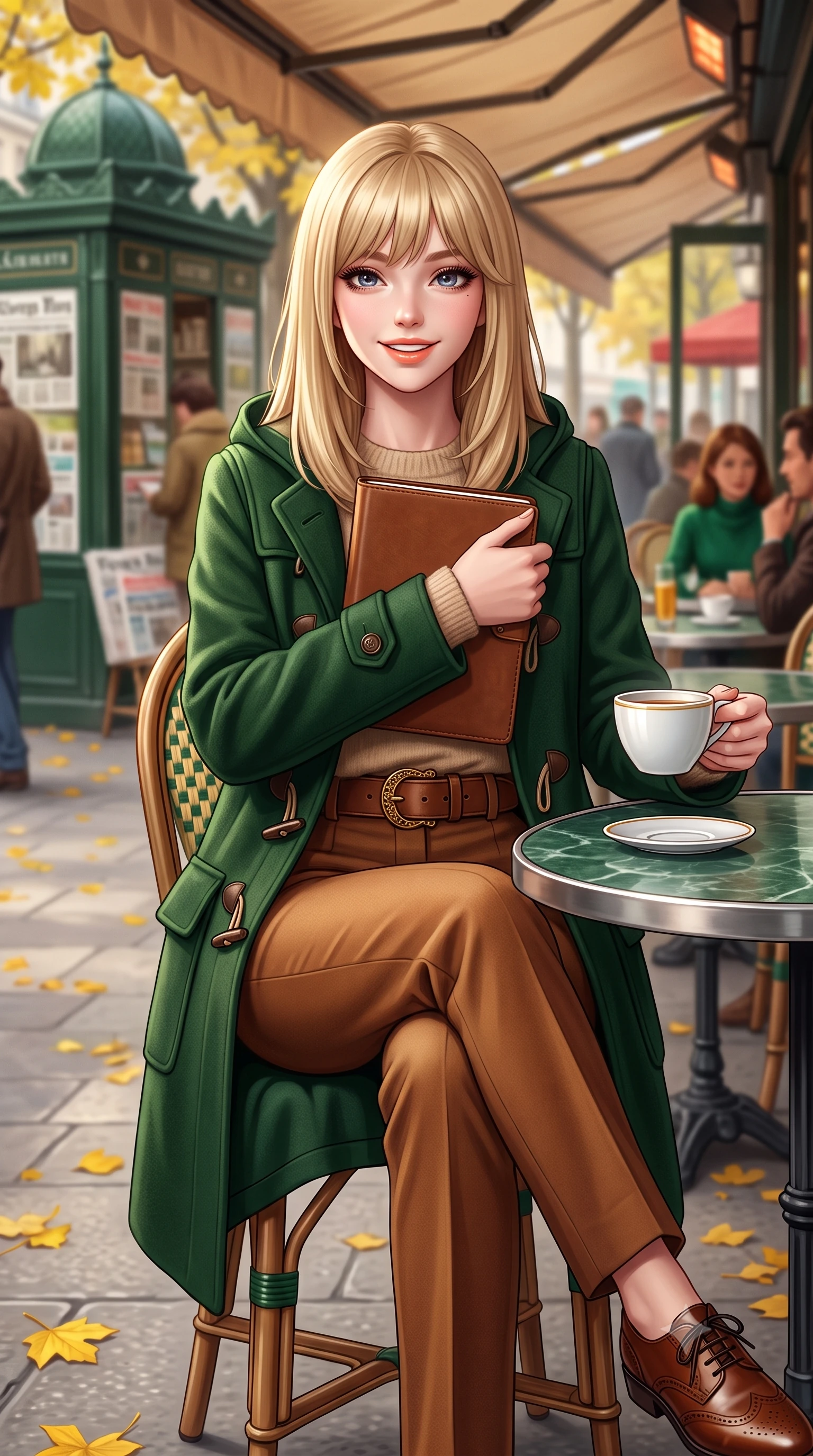 score_9, masterpiece, best quality, ultra-detailed, high-budget anime keyframe, semi-realistic 3D game render, editorial fashion photography, tasteful artistic composition, Japanese woman. close-up cowboy shot from the waist and thighs up, the character dominates the composition, filling the frame with her large presence. holding a leather notebook close to her chest with both arms, smiling delightfully with youthful scholarly grace while sitting poised at a round green marble bistrot table beneath the heated cafe awning, cradling a porcelain cup with a radiant French smile. The background shows a soft-focus bustling Parisian boulevard with vintage green newspaper kiosks, yellow chestnut leaves on pavement, and café patrons blurred into emerald, amber, and espresso bokeh. She has an exceptionally elegant, slender, and willowy female figure with an ultra-slim waist, flat toned midriff, narrow ribcage, and sculpted feminine hips creating an alluring, slim hourglass silhouette without bulk. sharp v-shaped jawline, high-bridge nose, intricate jewel-like sparkling eyes with depth, thick eyelashes, glossy parted lips with a natural peach sheen, bright cheerful beaming smile with an enchanting and coquettish sensual glint, exuding both youthful cute charm and seductive allure, flawlessly proportioned anatomical accuracy, strict slender model proportions, natural body alignment, perfectly sculpted long slender limbs, ultra-slim waistline, clean dynamic posture without body distortion. wearing a structured boiled-wool duffle coat with horn toggles over a soft alpaca sweater and tailored wool slacks in heritage British racing green and warm cognac brown, crafted from fluid mulberry silk twill with an understated lustrous pearl finish, complemented by classic polished leather oxfords with brogue perforations, the structured cinched belt emphasizing her narrow waistline and gracefully balanced proportions with timeless haute-couture polish. illuminated by zinc counter and marble tabletop bounce with delicate platinum rim lights sculpting her features and slender waist. highly saturated vibrant anime colors, detailed shading with soft gradients, rich glossy textures, high-contrast stereoscopic depth, volumetric dynamic lighting, master piece, 9:16 ratio