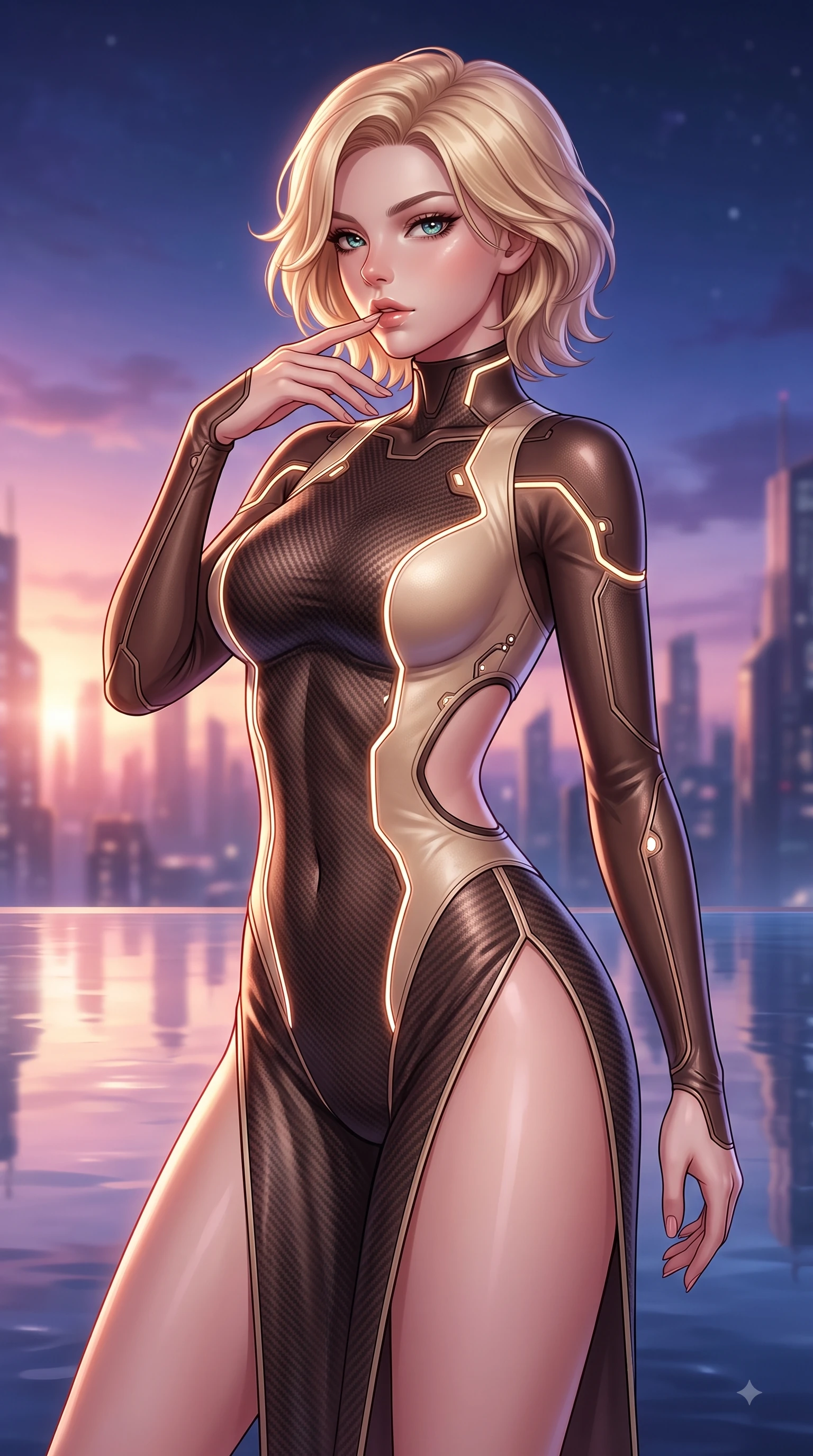 score_9, masterpiece, best quality, ultra-detailed, high-budget anime keyframe, editorial fashion photography, tasteful artistic composition, Caucasian woman. close-up cowboy shot from the waist and thighs up, the character dominates the composition, filling the frame with her large presence, background elements kept in soft focus. Resting two fingers near her glossy lips, casting a sharp mysterious side-gaze during her dynamic motion while pivoting gracefully beside an infinity reflecting pool at sunset as warm rose-gold sky light traces her form, still pool water reflecting her statuesque figure and the dramatic night sky flawlessly. She has an exceptionally elegant, slender, and willowy female figure with an ultra-slim waist, a gracefully sculpted slender torso, and a refined silhouette. sharp v-shaped jawline, high-bridge nose, intricate jewel-like eyes with depth, thick eyelashes, glossy lips with a natural sheen, flawlessly proportioned anatomical accuracy, natural body alignment, perfectly sculpted elegant limbs, clean dynamic posture without body distortion. wearing a skin-tight cybernetic bodysuit with glowing neon seams and side cutouts in espresso brown and warm cream, made of fine carbon-fiber weave and soft matte leather, finished with a sleek side slit ascending to mid-thigh, the sleek second-skin texture accentuating her magnetic presence. bathed in warm luxury ambient lighting and soft silver moonlight tracing every curve. highly saturated vibrant anime colors, detailed shading with soft gradients, rich glossy textures, high-contrast stereoscopic depth, volumetric dynamic lighting, master piece, 9:16 ratio