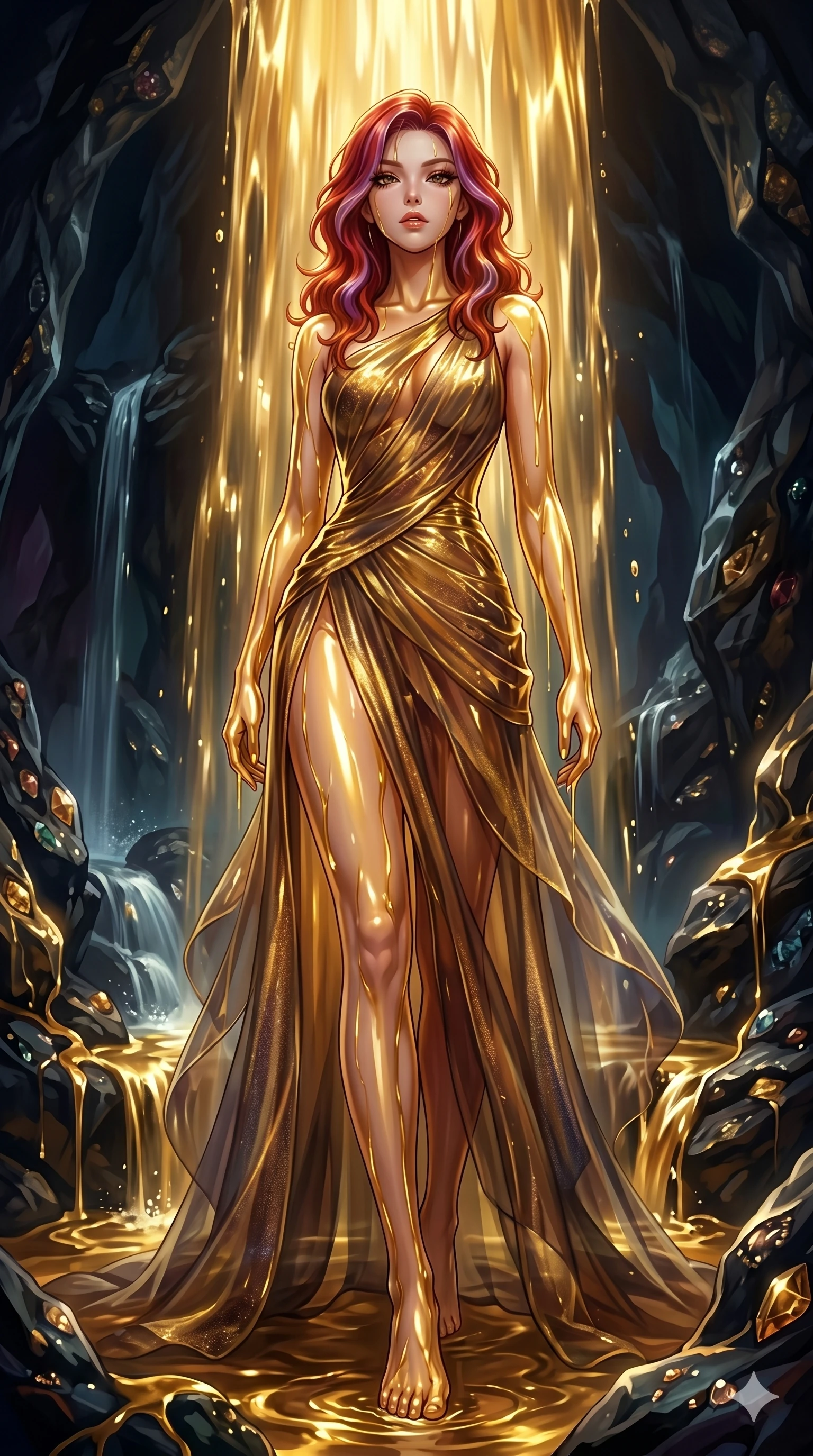 score_9, masterpiece, best quality, ultra-detailed, High-budget Anime Keyframe, East Asian woman. Low angle cowboy shot filling the entire 9:16 frame with her statuesque presence. Scenario 159: Standing under a waterfall of liquid gold, the fluid coating her form. Her presence is magnetic and overpowering in this high-budget anime scene. Outfit 159: A shimmering chiffon sheer with a thigh-high slit and translucent layers. The clothing is designed to emphasize her exceptionally tall and slender 8-heads proportion. 8-heads proportion, towering silhouette, ultra-slim waist. sharp v-shaped jawline, intricate jewel-like eyes with depth, thick eyelashes, glossy lips. 2k, ultra detail, master piece, 9:16 ratio