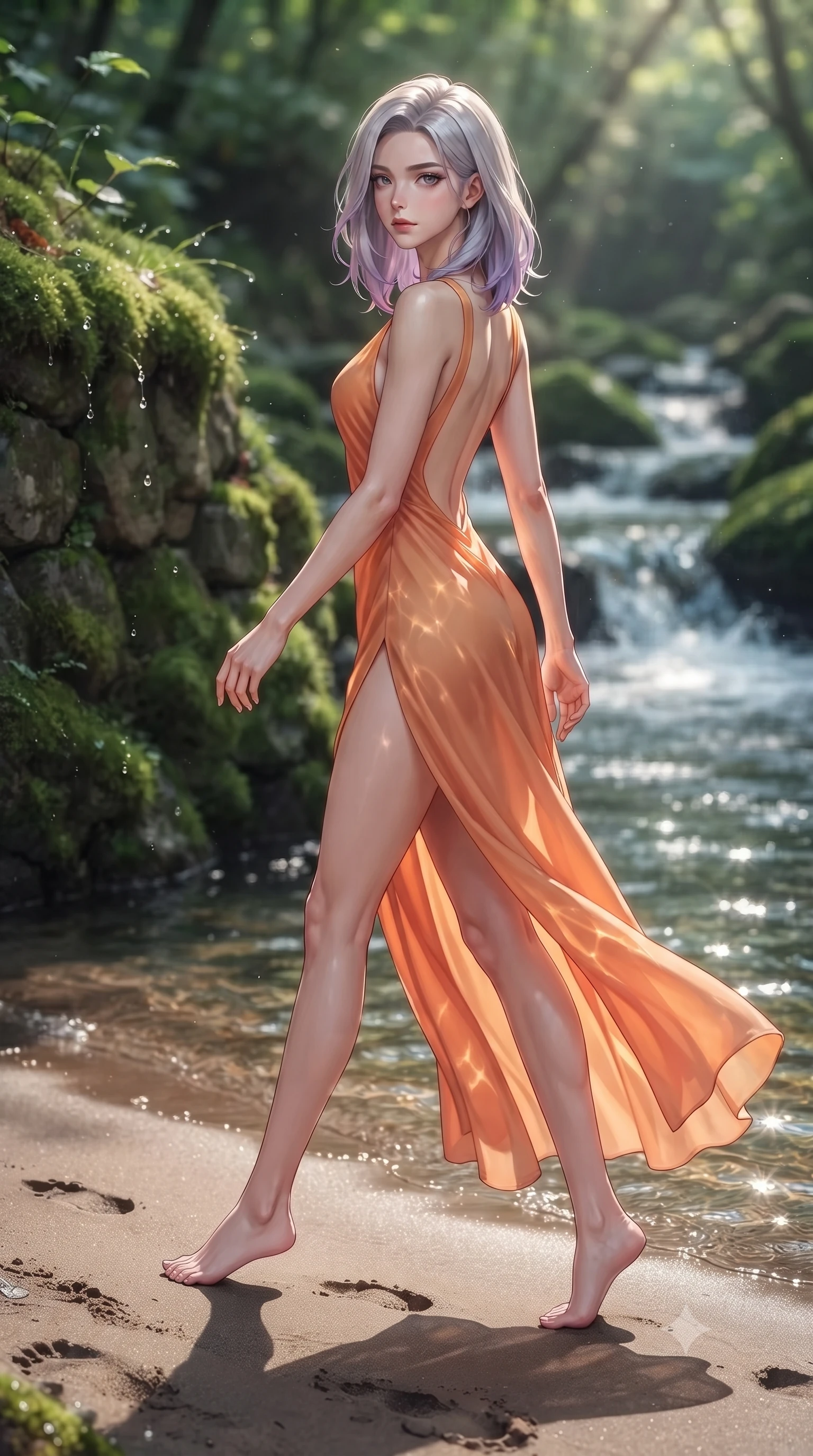 score_9, masterpiece, best quality, ultra-detailed, high-budget anime keyframe, editorial fashion photography, tasteful artistic composition, Caucasian woman woman. low angle full-body shot from head to toe showing her feet, filling the entire 9:16 vertical frame with her statuesque presence, stretching her vertical silhouette. walking slowly along the shoreline, leaving footprints in the wet sand the background shows a soft-focus a mossy stone bank beside a bubbling forest stream with clear running water. She has an absolutely perfect, statuesque 8.5-heads proportion, an exceptionally tall and slender model-like female figure with impossibly long slender legs and an ultra-slim waist. sharp v-shaped jawline, high-bridge nose, intricate jewel-like eyes with depth, thick eyelashes, glossy lips with a natural sheen. wearing a form-contouring high-slit resort gown in sunset orange chiffon, featuring a daring thigh-slit and open back. dappled sunbeams reflecting off the moving water surface onto her form. ultra-reflective glossy finish, specular highlights, metallic sheen, high-contrast stereoscopic depth, volumetric dynamic lighting, 2k, ultra detail, master piece, 9:16 ratio
