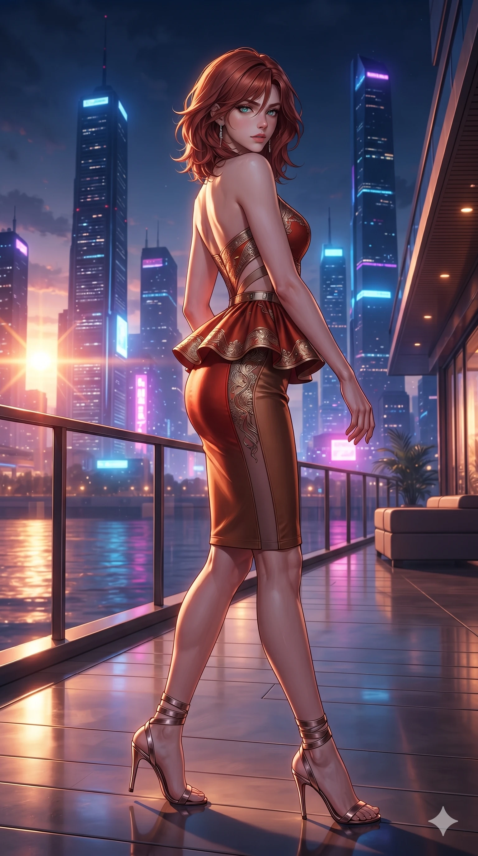 score_9, masterpiece, best quality, ultra-detailed, high-budget anime keyframe, editorial fashion photography, tasteful artistic composition, Korean woman. low angle full-body shot from head to toe showing her feet, filling the entire 9:16 vertical frame with her statuesque presence, stretching her vertical silhouette. walking along the waterfront terrace with poise, looking back over her bare shoulder with an irresistible smoldering bedroom-gaze while twisting her slender torso in an alluring S-curve, intense golden sunlight and evening city neon painting sharp highlights along her flat midriff and hourglass curves. The surrounding environment is rendered in vivid detail and crisp panoramic clarity: detailed semi-translucent wrap dress tailoring, fine metallic embroidery, and high-altitude luxury architecture in razor-sharp precision. She has an exceptionally tall and slender model-like 8.5-heads proportion, an ultra-slim waist, a flat toned midriff, narrow delicate ribcage, and beautifully sculpted feminine hips creating a graceful, slim hourglass silhouette without any bulky heaviness, with impossibly long slender legs. sharp v-shaped jawline, high-bridge nose, intricate jewel-like sparkling eyes with depth, thick eyelashes, glossy parted lips with a natural sheen, intensely captivating and seductive bedroom-eyes expression, exuding both youthful cute charm and sovereign luxury allure, flawlessly proportioned anatomical accuracy, strict slender model proportions, natural body alignment, perfectly sculpted long slender limbs, ultra-slim waistline, clean dynamic posture without body distortion. wearing a structural geometric peplum gown with sheer side-ribbon cutouts and form-fitting skirt in imperial vermilion silk and warm bronze, adorned with delicate chrome ring hardware and cutouts along her slender waist, complemented by strappy stiletto sandals with metallic ankle wraps accentuating her slender calves, the bespoke structured tailoring following the natural line of her 8.5-heads silhouette with refined elegance. illuminated by deck surface bounce and intense golden-crimson rim lights sculpting her razor-sharp jawline, narrow waist, and curvy hips. ultra-reflective glossy finish, specular highlights, rich textural contrasts, high-contrast stereoscopic depth, volumetric dynamic lighting, 2k, ultra detail, master piece, 9:16 ratio