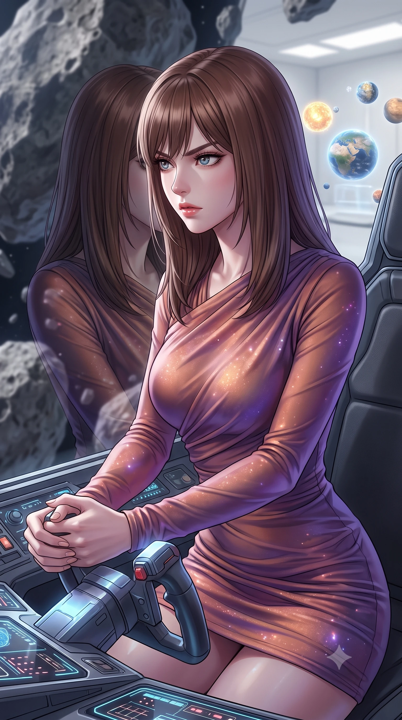 score_9, masterpiece, best quality, ultra-detailed, high-budget anime keyframe, editorial fashion photography, tasteful artistic composition, Korean woman. close-up cowboy shot from the waist and thighs up, the character dominates the composition, filling the frame with her large presence, background elements kept in soft focus. Piloting a starfighter through a tight asteroid gap, hands tight on the flight yoke, looking sharply left. set against a soft-focus background of a vast white gallery where three-dimensional holographic models of planets and stars rotate in the air. She has an exceptionally elegant and slender, willowy female figure with an ultra-slim waist, a gracefully sculpted slender torso, and a refined slim physique. sharp v-shaped jawline, high-bridge nose, intricate jewel-like eyes with depth, thick eyelashes, glossy lips with a natural sheen. wearing catching and diffusing the glowing particles, shimmering softly in response to the surrounding light, a slim-fit draped jersey dress in a shifting copper and violet gradient, the fluid fabric clinging to her slender waist with every movement. highly saturated vibrant anime colors, intense vivid color palette, soft 3D volumetric shading, volumetric dynamic lighting, cold silver moonlight filtered through translucent gossamer curtains casting delicate shadows. 2k, ultra detail, master piece, 9:16 ratio