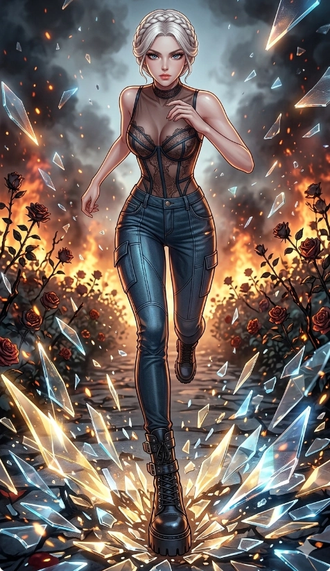 score_9, masterpiece, best quality, ultra-detailed, Set A: High-budget Anime Keyframe, Korean woman. Low angle cowboy shot filling the entire 9:16 frame with her statuesque presence. Sprinting through a burning rose garden, as the ground beneath her turns into 131 shards of light and surrounded by shattered glass fragments. She has an absolutely perfect 8-heads proportion, an exceptionally tall and slender female figure with impossibly long slender legs and an ultra-slim waist. Sharp v-shaped jawline, high-bridge nose, intricate jewel-like eyes with depth, thick eyelashes, glossy lips with a natural sheen. Wearing Sheer corset top with high-waist tech-denim and heavy platform combat boots. Cinematic lighting, vibrant colors, dramatic shadows, 2k, ultra detail, master piece, 9:16 ratio