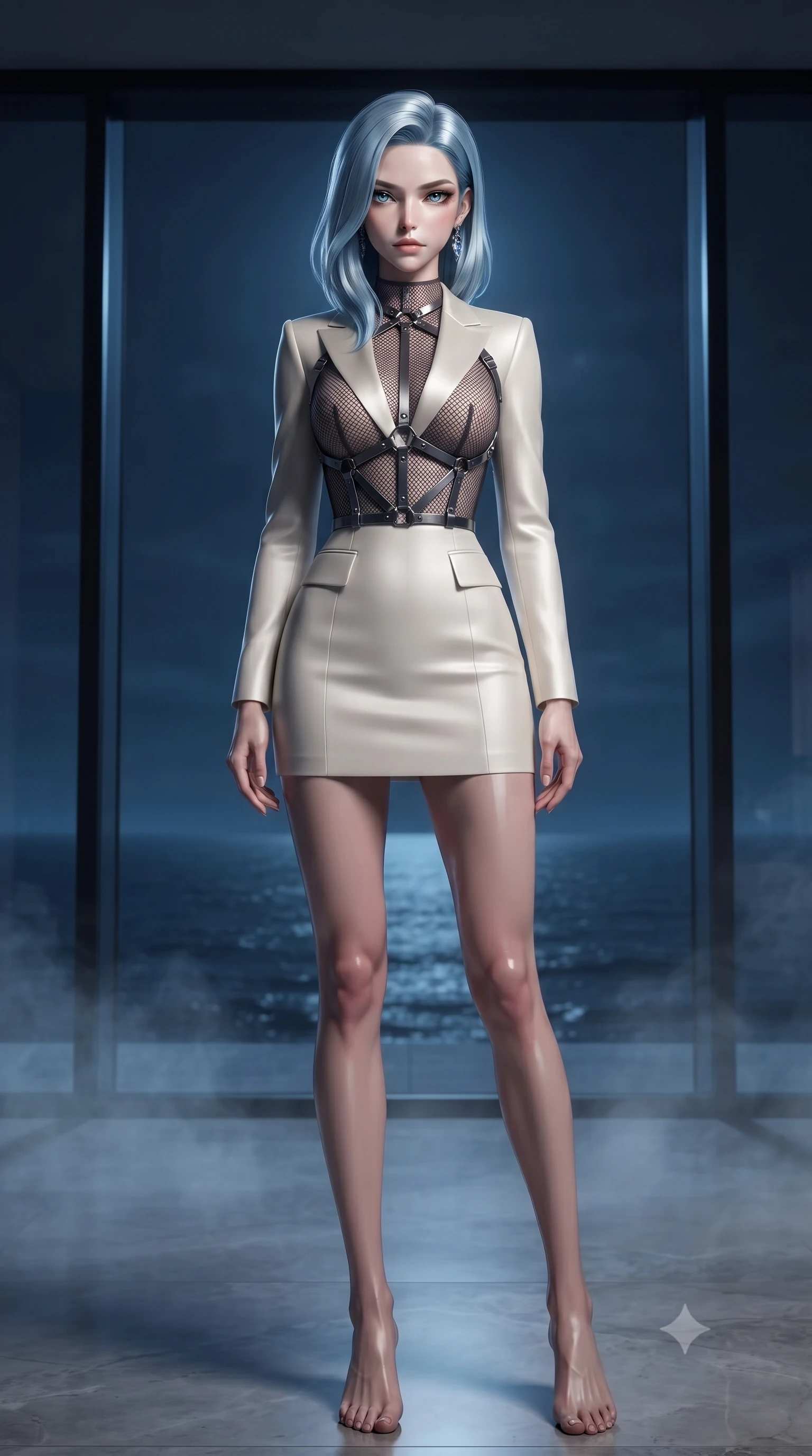 score_9, masterpiece, best quality, ultra-detailed, high-budget anime keyframe, editorial fashion photography, tasteful artistic composition, Korean woman. low angle full-body shot from head to toe showing her feet, filling the entire 9:16 vertical frame with her statuesque presence, stretching her vertical silhouette. forging confidently through the floating mist, holding a poised statuesque stance, poised before a floor-to-ceiling glass bay looking out over calm moonlit ocean waves, dark blue nocturnal ocean forming an endless horizon in soft focus. She has an absolutely perfect, statuesque 8.5-heads proportion, an exceptionally tall and slender model-like female figure with impossibly long slender legs and an ultra-slim waist. sharp v-shaped jawline, high-bridge nose, intricate jewel-like eyes with depth, thick eyelashes, glossy lips with a natural sheen. wearing tailored ivory tux dress with satin lapels and fitted waist in champagne gold, made of fine dark contouring mesh, highlighted by a gunmetal metallic harness structure, accentuating her gracefully sculpted slender torso. lit by quiet moonlight key rays piercing through dark ocean air. ultra-reflective glossy finish, specular highlights, metallic sheen, high-contrast stereoscopic depth, volumetric dynamic lighting, 2k, ultra detail, master piece, 9:16 ratio