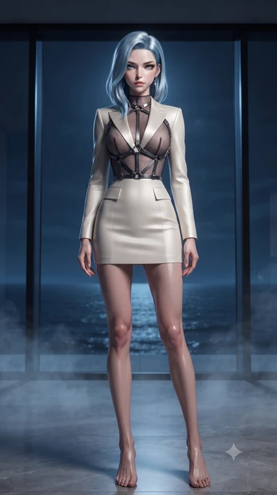 score_9, masterpiece, best quality, ultra-detailed, high-budget anime keyframe, editorial fashion photography, tasteful artistic composition, Korean woman. low angle full-body shot from head to toe showing her feet, filling the entire 9:16 vertical f