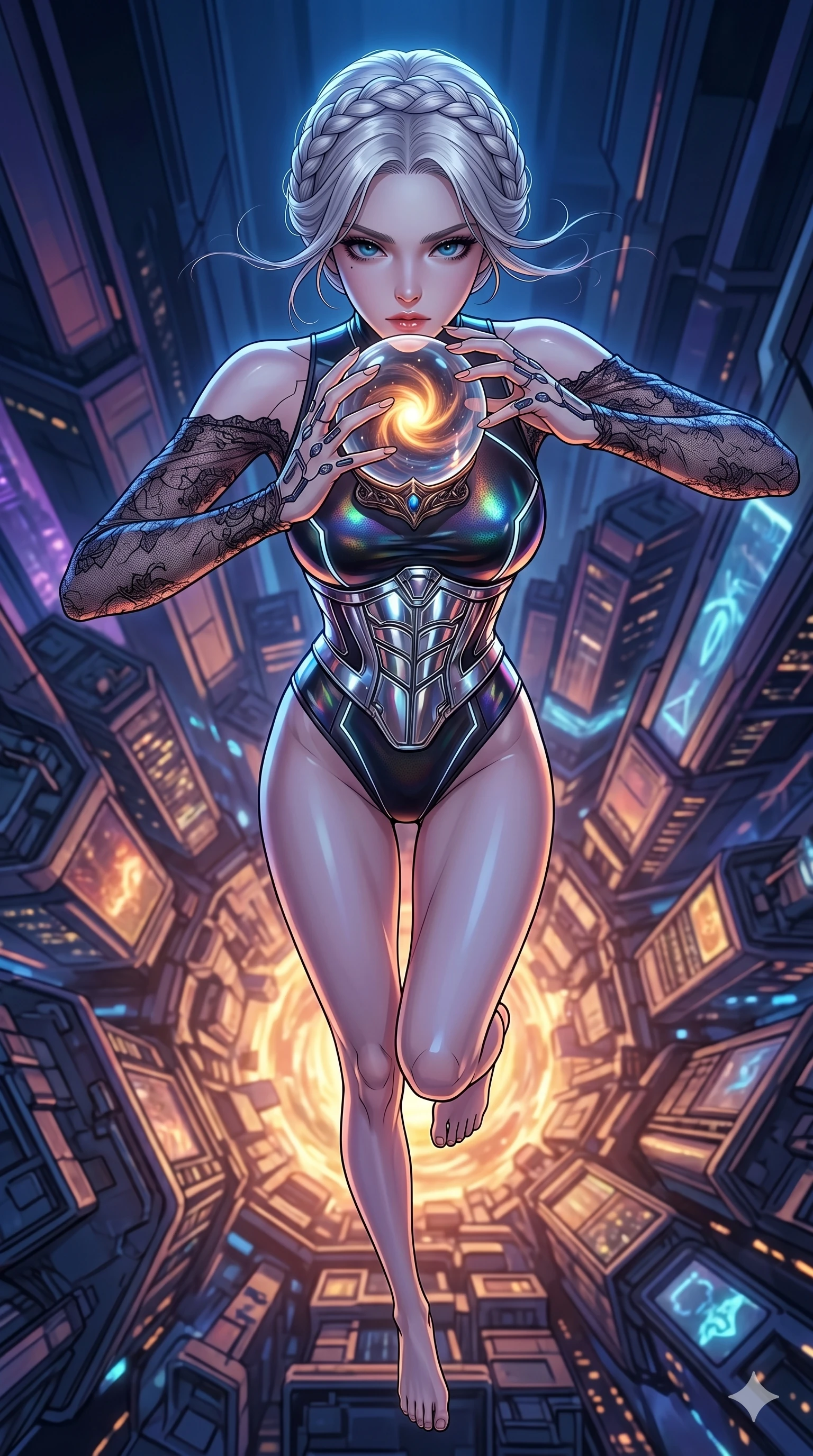 score_9, masterpiece, best quality, ultra-detailed, high-budget anime movie keyframe, cinematic anime lighting, intricate line art, Korean woman. Extreme high angle shot as she leaps towards the camera, filling the frame. staring into a singularity held within a glass sphere. She has an absolutely perfect 8-heads proportion, an exceptionally tall and slender female figure with an ultra-slim waist and impossibly long slender legs. strictly human anatomy, two legs only, no extra limbs, clearly defined legs and arms, perfect anatomy, perfect hands and fingers. sharp v-shaped jawline, high-bridge nose, intricate jewel-like eyes, thick eyelashes, glossy lips. Wearing Cyber-Tech Legacy: Asymmetrical high-cut tech-bodysuit with detached sleeves and chrome-plated corset over sheer lace. The scene is illuminated by dramatic atmospheric lighting and vibrant color palettes. , 2k, ultra detail, master piece, 9:16 ratio