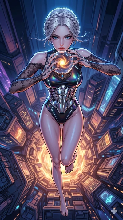 score_9, masterpiece, best quality, ultra-detailed, high-budget anime movie keyframe, cinematic anime lighting, intricate line art, Korean woman. Extreme high angle shot as she leaps towards the camera, filling the frame. staring into a singularity h