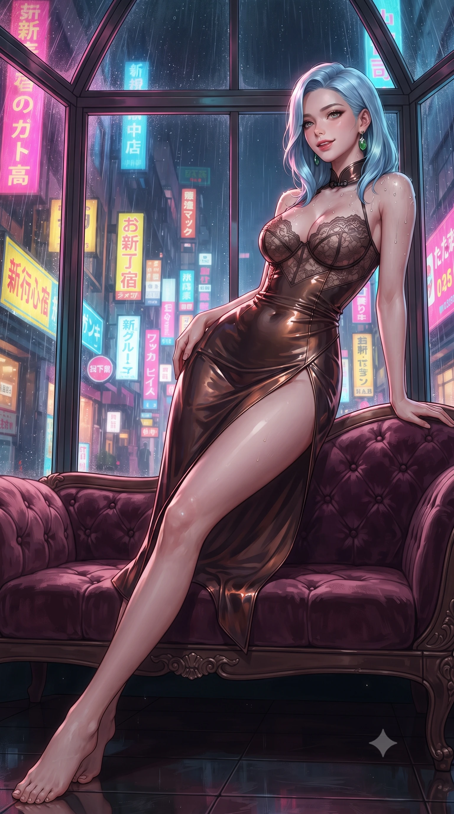score_9, masterpiece, best quality, ultra-detailed, high-budget anime keyframe, editorial fashion photography, tasteful artistic composition, Korean woman. low angle full-body shot from head to toe showing her feet, filling the entire 9:16 vertical frame with her statuesque presence, stretching her vertical silhouette. reclining gracefully across the plush chaise lounge with one leg extended, her sculpted silhouette and flat midriff radiating magnetic nocturnal glamour while leaning against the cast-iron greenhouse window frame with hips cocked back, looking through heavy rain toward blazing Shinjuku neon signs. The surrounding environment is rendered in vivid detail and crisp panoramic clarity: detailed wet-look latex cheongsam mini dress cling, jade earring shine, and retro-futuristic greenhouse framing in razor-sharp precision. She has an absolutely perfect, statuesque 8.5-heads proportion, an exceptionally tall and slender model-like female figure with impossibly long slender legs, an ultra-slim waist, a flat toned midriff, narrow delicate ribcage, and beautifully sculpted feminine hips creating a graceful, slim hourglass silhouette without any bulky heaviness. sharp v-shaped jawline, high-bridge nose, sparkling eyes with hypnotic seductive depth, thick curled eyelashes, glossy parted lips with a natural dewy peach sheen, alluring bedroom-eyes with an enchanting coquettish smile, exuding magnetic siren charisma and sophisticated glamour, flawlessly proportioned anatomical accuracy, strict slender model proportions, natural body alignment, perfectly sculpted long slender limbs, ultra-slim waistline, clean dynamic posture without body distortion. wearing a sculpted underwire demi-bustier in semi-sheer lace paired with an ultra-short draped tulip skirt in sultry espresso bronze and metallic copper, crafted from shimmering fluid chainmail mesh reflecting ambient lights, finished with glistening drops of pool water beading across her sculpted shoulders and collarbones, the high-slit wrap tailoring accentuating her ultra-slim waistline and the enchanting curve of her feminine hips with alluring seductive charm. bathed in dynamic shifting multi-color neon light transmitted through rain-streaked exterior glass. ultra-reflective glossy finish, specular highlights, rich textural contrasts, high-contrast stereoscopic depth, volumetric dynamic lighting, 2k, ultra detail, master piece, 9:16 ratio