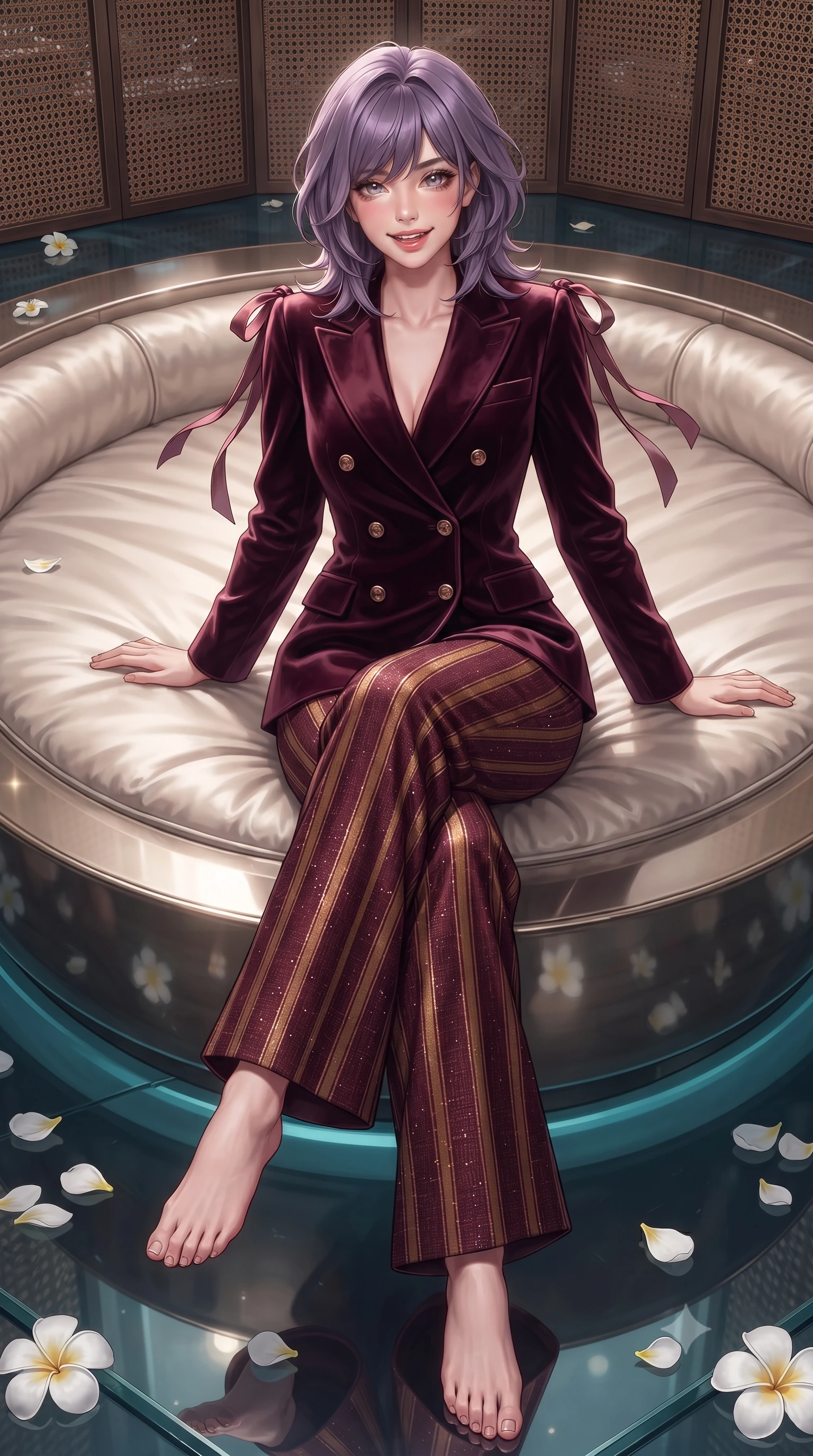 score_9, masterpiece, best quality, ultra-detailed, high-budget anime keyframe, editorial fashion photography, tasteful artistic composition, Japanese woman. low angle full-body shot from head to toe showing her feet, filling the entire 9:16 vertical frame with her statuesque presence, stretching her vertical silhouette. lounging on the lavish daybed with legs crossed and hips angled toward the camera, displaying her toned midriff and long slender limbs with effortless siren poise while sitting gracefully on the massage platform with legs crossed and angled, flashing a radiant, playful smile with parted glossy lips. The surrounding environment is rendered in vivid detail and crisp panoramic clarity: sharp tempered glass clarity, floating white frangipani flower petals, and hand-woven rattan screen patterns in deep focus. She has an exceptionally tall and slender model-like 8.5-heads proportion, an ultra-slim waist, a flat toned midriff, narrow delicate ribcage, and beautifully sculpted feminine hips creating a graceful, slim hourglass silhouette without any bulky heaviness, with impossibly long slender legs. sharp v-shaped jawline, high-bridge nose, intricate jewel-like sparkling eyes with depth, thick eyelashes, glossy parted lips with a natural peach sheen, bright cheerful beaming smile with an enchanting and coquettish sensual glint, exuding both youthful cute charm and seductive allure, flawlessly proportioned anatomical accuracy, strict slender model proportions, natural body alignment, perfectly sculpted long slender limbs, ultra-slim waistline, clean dynamic posture without body distortion. wearing a tailored Bohemian double-breasted velvet smoking jacket paired with wide-leg satin-stripe trousers in Franschhoek vineyard pinotage burgundy and oak honey, woven from structured British tweed with subtle metallic flecks, finished with satin ribbon ties at the shoulders fluttering in the gentle breeze, the bespoke structured tailoring following the natural line of her 8.5-heads silhouette with refined elegance. illuminated by glass floor reflection bounce and sharp platinum-cyan rim lights defining her dewy collarbones, ultra-slim waist, and curvy hips. ultra-reflective glossy finish, specular highlights, rich textural contrasts, high-contrast stereoscopic depth, volumetric dynamic lighting, 2k, ultra detail, master piece, 9:16 ratio