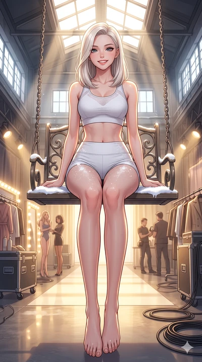 score_9, masterpiece, best quality, ultra-detailed, high-budget anime keyframe, vibrant anime aesthetic, Caucasian woman, strictly human ears. low angle full-body shot from head to toe showing her feet, filling the entire 9:16 vertical frame with her