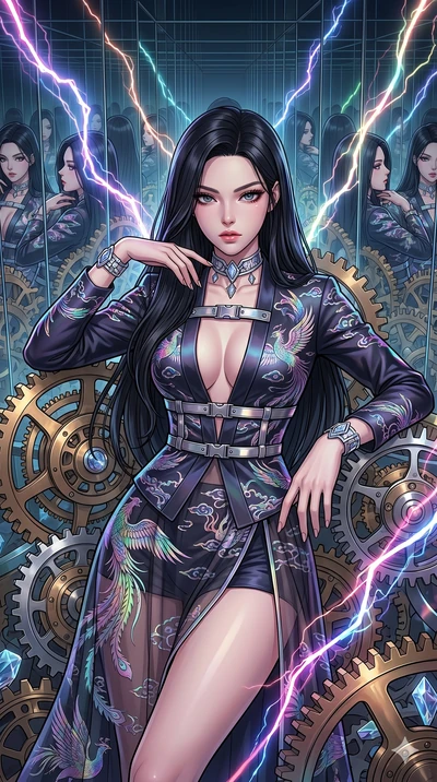score_9, masterpiece, best quality, ultra-detailed, high-budget anime movie keyframe, cinematic anime lighting, intricate line art, Korean woman. Upper body filling screen focusing on her alluring features and slim-fit silhouette. resting on a throne