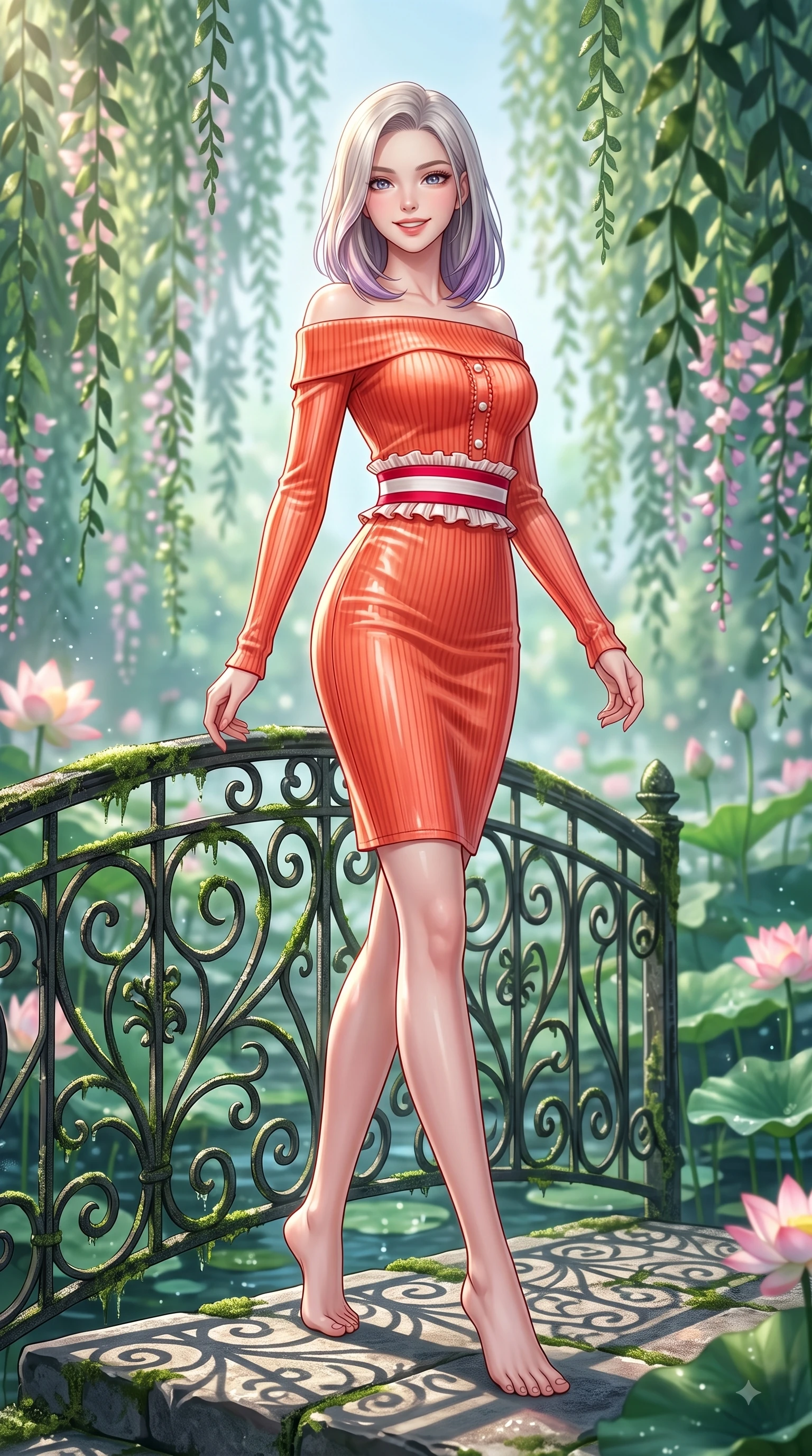 score_9, masterpiece, best quality, ultra-detailed, high-budget anime keyframe, editorial fashion photography, tasteful artistic composition, Caucasian woman. low angle full-body shot from head to toe showing her feet, filling the entire 9:16 vertical frame with her statuesque presence, stretching her vertical silhouette. Youthful cheerful smile exuding cute playful charm and radiant sparkle in her eyes while pivoting gracefully on a wrought-iron bridge over a lotus pond dripping with morning dew. The composition keeps background elements in soft focus with dreamy bokeh. cascading botanical vines creating a soft, organic blurred background depth. She has an absolutely perfect, statuesque 8.5-heads proportion, an exceptionally tall and slender model-like female figure with impossibly long slender legs and an ultra-slim waist. sharp v-shaped jawline, high-bridge nose, intricate jewel-like eyes with depth, thick eyelashes, glossy lips with a natural sheen, flawlessly proportioned anatomical accuracy, natural body alignment, perfectly sculpted elegant limbs, clean dynamic posture without body distortion. wearing a bold coral orange off-shoulder ribbed knit dress with a fitted waist belt in vibrant crimson red and crisp snow white, made of premium stretch velvet with a rich glossy sheen, accented with delicate pearl buttons and refined ruffle trims, the form-contouring material accentuating her ultra-slim waist and long lines. illuminated by fresh botanical ambient glow with organic leaf stencil shadows. highly saturated vibrant anime colors, detailed shading with soft gradients, rich glossy textures, high-contrast stereoscopic depth, volumetric dynamic lighting, master piece, 9:16 ratio