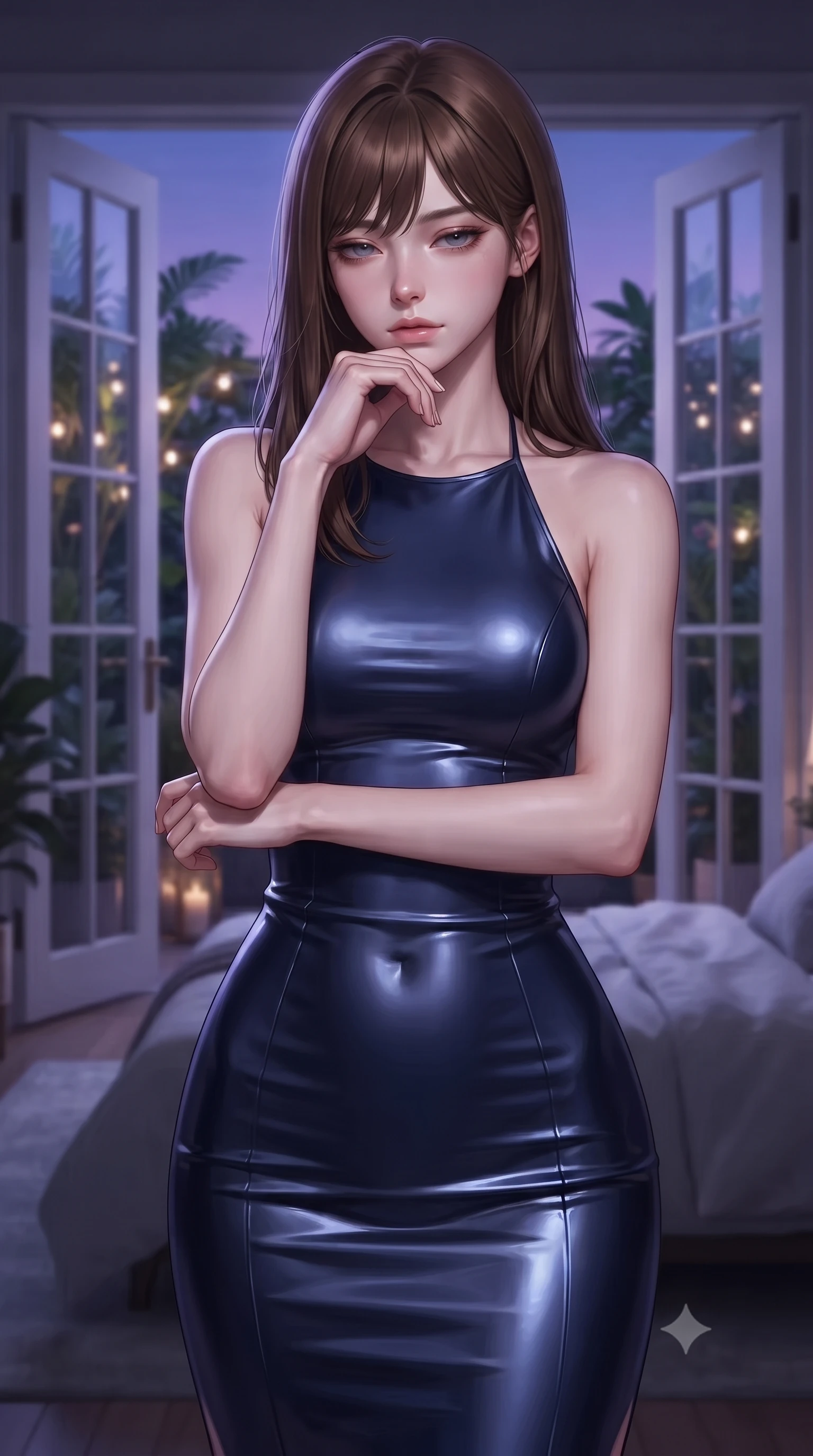 score_9, masterpiece, best quality, ultra-detailed, high-budget anime keyframe, editorial fashion photography, tasteful artistic composition, Korean woman woman. close-up cowboy shot from the waist and thighs up, the character dominates the composition, filling the frame with her large presence, background elements kept in soft focus. resting her chin on the backs of her fingers, casting a heavy-lidded, sultry look past the camera the background shows a soft-focus a bedroom suite with double glass doors opening to a quiet botanical patio at dusk. She has an exceptionally elegant, slender, and willowy female figure with an ultra-slim waist, a gracefully sculpted slender torso, and a refined silhouette. sharp v-shaped jawline, high-bridge nose, intricate jewel-like eyes with depth, thick eyelashes, glossy lips with a natural sheen. wearing a tailored form-fitting halter dress in deep navy blue, contouring her athletic, slender build. deep violet twilight sky glow casting cool highlights on her form. ultra-reflective glossy finish, specular highlights, metallic sheen, high-contrast stereoscopic depth, volumetric dynamic lighting, 2k, ultra detail, master piece, 9:16 ratio