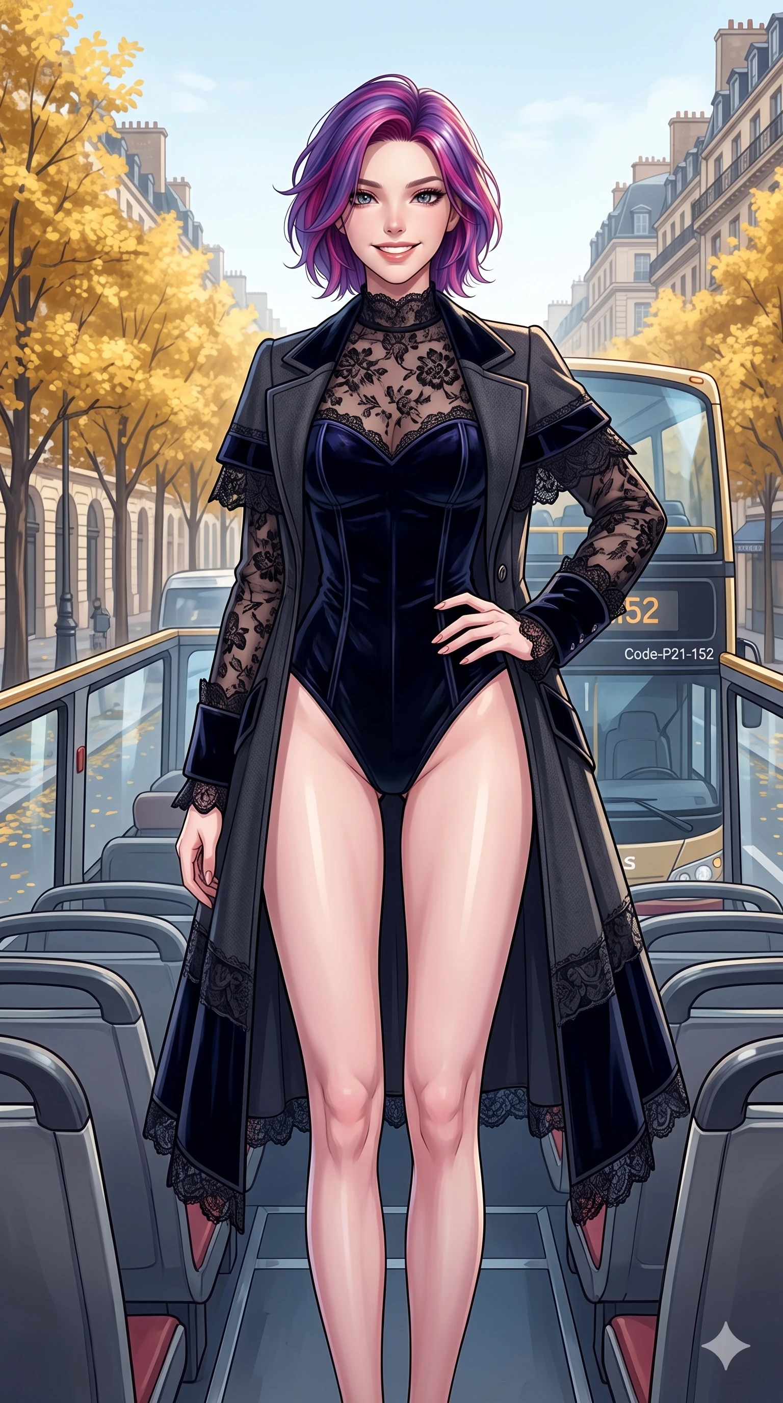 score_9, masterpiece, best quality, ultra-detailed, high-budget anime keyframe, vibrant anime aesthetic, Caucasian woman, strictly human ears. cowboy shot from the thighs up, character and outfit filling the frame for maximum presence. She is posing with a bright winter grin, one hand on her hip, looking at the lens on a luxury bus deck cruising the golden avenue (Code-P21-152). She has an absolutely perfect 8-heads proportion, an exceptionally tall and slender female figure with impossibly long slender legs and an ultra-slim waist. V-shaped jawline, high-bridge nose, intricate jewel-like eyes with depth, thick eyelashes, glossy lips with a natural sheen. wearing a dark velvet corset combined with a sheer lace top in winter. She is cool, bright winter sky reflections from all sides, outlining her tall slender figure. 2k, ultra detail, master piece, 9:16 ratio