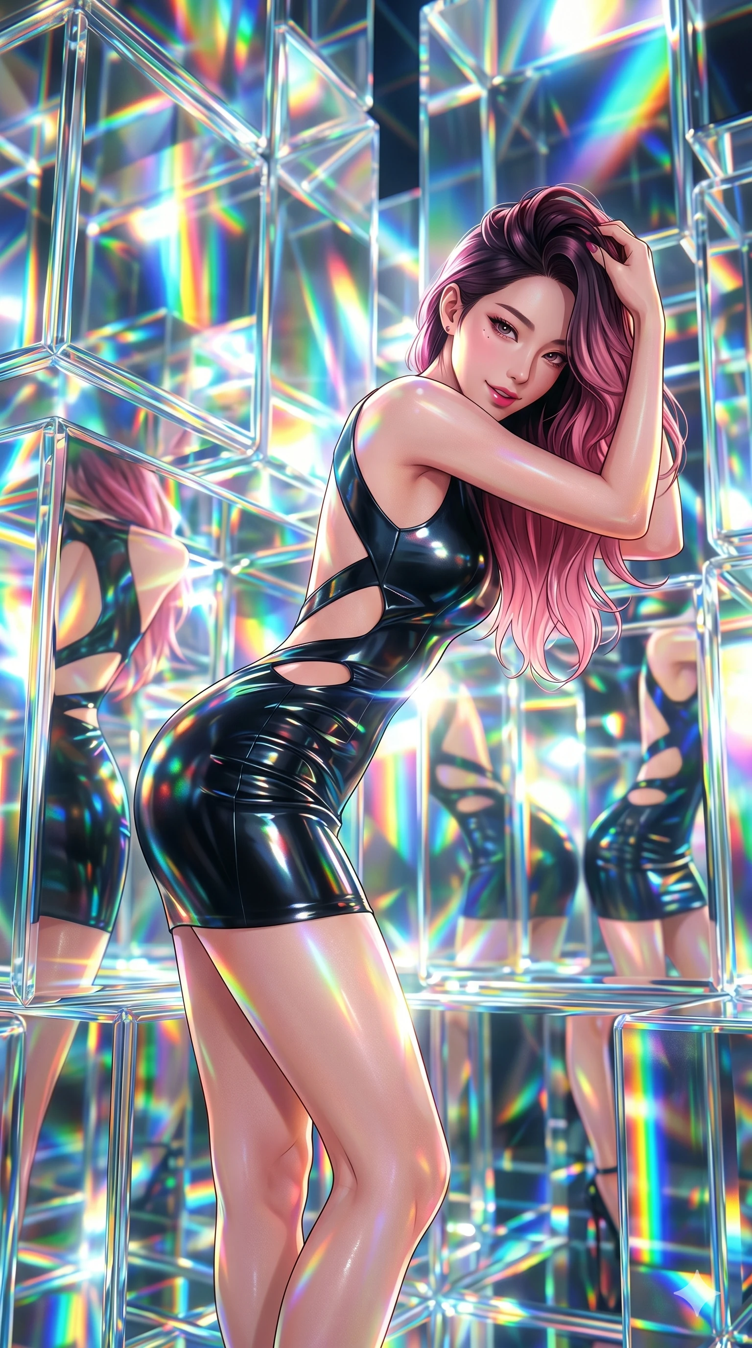 score_9, masterpiece, best quality, ultra-detailed, high-budget anime keyframe, Korean woman. Upper body close-up from the thighs up, character filling the screen for maximum presence. She is bending sideways dynamically, reflecting in a maze of giant prismatic glass blocks that shower bright spectrums of light. She runs a hand through her hair with a playful, teasing expression. She has an absolutely perfect 8-heads proportion, an exceptionally tall and slender female figure with impossibly long slender legs and an ultra-slim waist. V-shaped jawline, high-bridge nose, intricate jewel-like eyes with depth, thick eyelashes, glossy lips with a natural sheen. She is wearing a second-skin fashion-latex mini dress with a clean architectural front, featuring an open-back design that wraps around the sides of her waist, showcasing her slender silhouette. The scene is drenched in blindingly bright rainbow prismatic spotlights with sharp specular highlights. 2k, ultra detail, master piece, 9:16 ratio