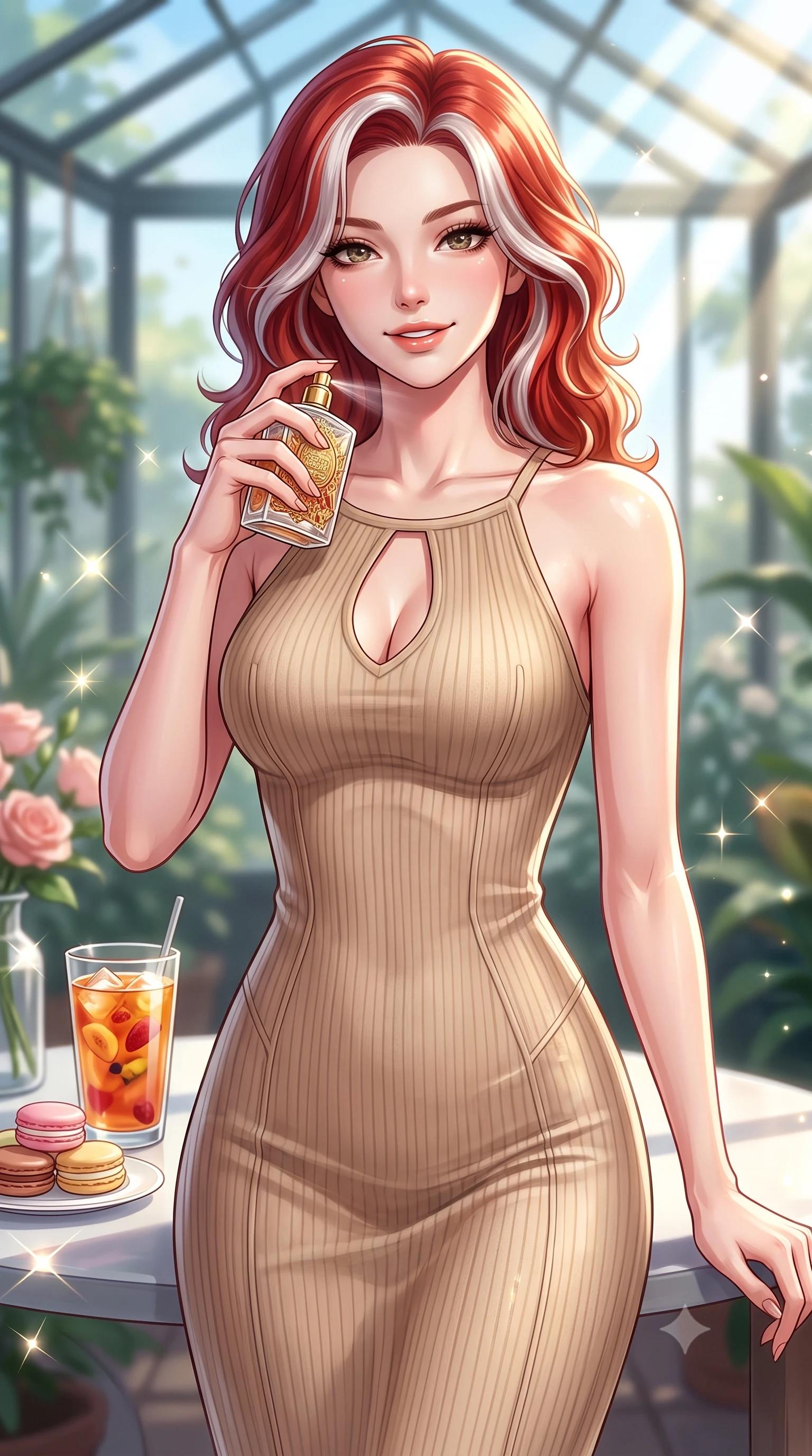 score_9, masterpiece, best quality, ultra-detailed, high-budget anime keyframe, editorial fashion photography, tasteful artistic composition, Caucasian woman. close-up cowboy shot from the waist and thighs up, the character dominates the composition, filling the frame with her large presence, background elements kept in soft focus. holding a vintage perfume bottle to her neck, smiling with quiet magnetic self-assurance set against a soft-focus background of inside an exclusive botanical greenhouse with a glass of iced fruit tea and delicate macaron pastries arranged on the table. She has an exceptionally elegant, slender, and willowy female figure with an ultra-slim waist, a gracefully sculpted slender torso, and a refined silhouette. sharp v-shaped jawline, high-bridge nose, intricate jewel-like eyes with depth, thick eyelashes, glossy lips with a natural sheen. wearing form-contouring warm beige ribbed cashmere body-hugging knit midi dress with a tasteful keyhole neckline cutout and thin shoulder straps featuring refined tailored seams. lit by crisp morning sun rays creating sparkling glints on polished glass and water. highly saturated vibrant anime colors, detailed shading with soft gradients, rich glossy textures, high-contrast stereoscopic depth, volumetric dynamic lighting, master piece, 9:16 ratio