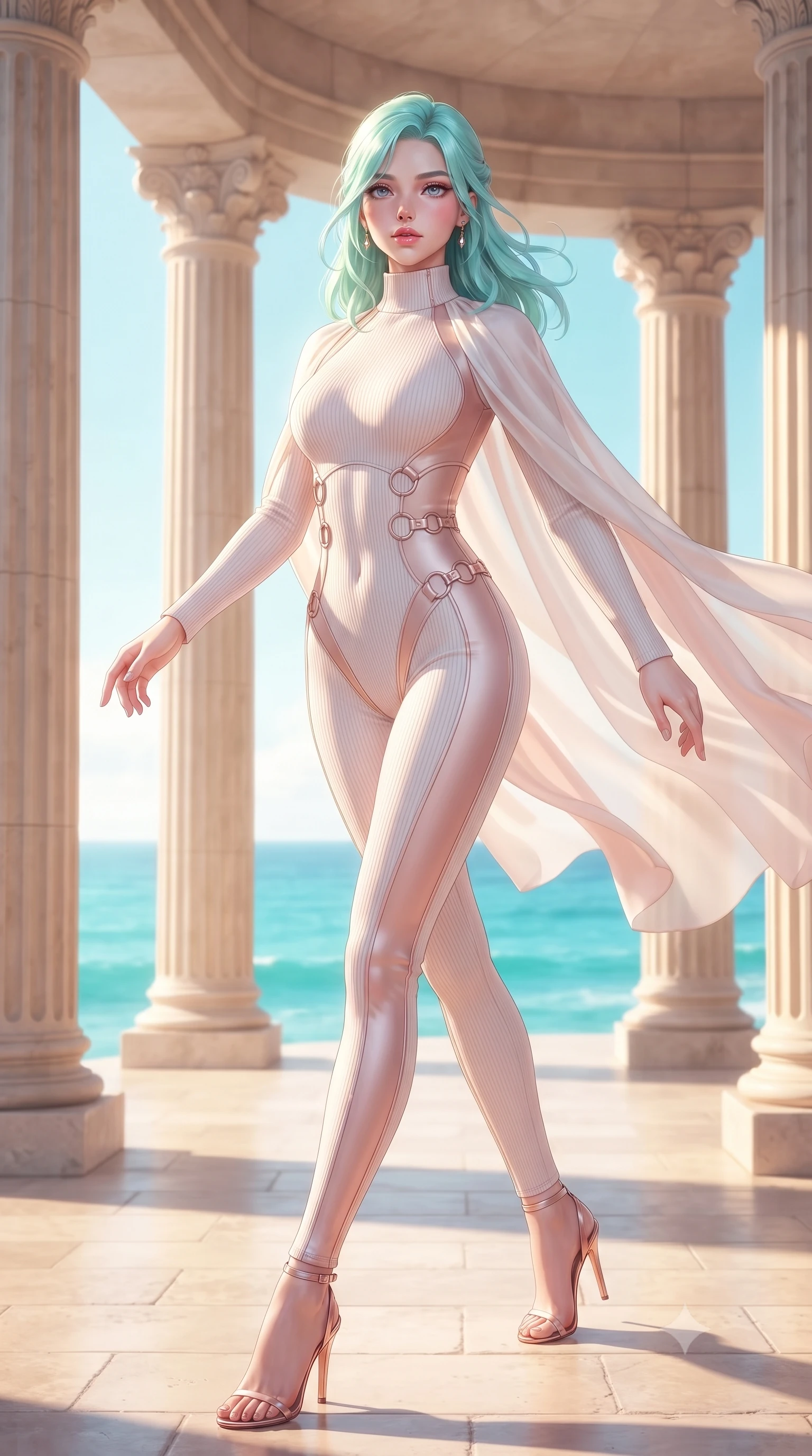 score_9, masterpiece, best quality, ultra-detailed, high-budget anime keyframe, editorial fashion photography, tasteful artistic composition, Japanese woman. low angle full-body shot from head to toe showing her feet, filling the entire 9:16 vertical frame with her statuesque presence, stretching her vertical silhouette. stepping gracefully through the radiant environment, stretching her statuesque silhouette, walking along a coastal colonnade as sea breezes whip her draped silk gown, dewy natural skin finish with glossy lips and jewel-like eyes. She has an absolutely perfect, statuesque 8.5-heads proportion, an exceptionally tall and slender model-like female figure with impossibly long slender legs and an ultra-slim waist. sharp v-shaped jawline, high-bridge nose, intricate jewel-like eyes with depth, thick eyelashes, glossy lips with a natural sheen. wearing sleek high-neck ribbed activewear bodysuit in pearl white in soft blush pink, made of soft rose-gold satin, trimmed with rose-gold ring hardware along the waist contours, following her slender form with tailored precision. bathed in bright turquoise ocean skyglow with soft white rim lights. highly saturated vibrant anime colors, detailed shading with soft gradients, rich glossy textures, high-contrast stereoscopic depth, volumetric dynamic lighting, master piece, 9:16 ratio