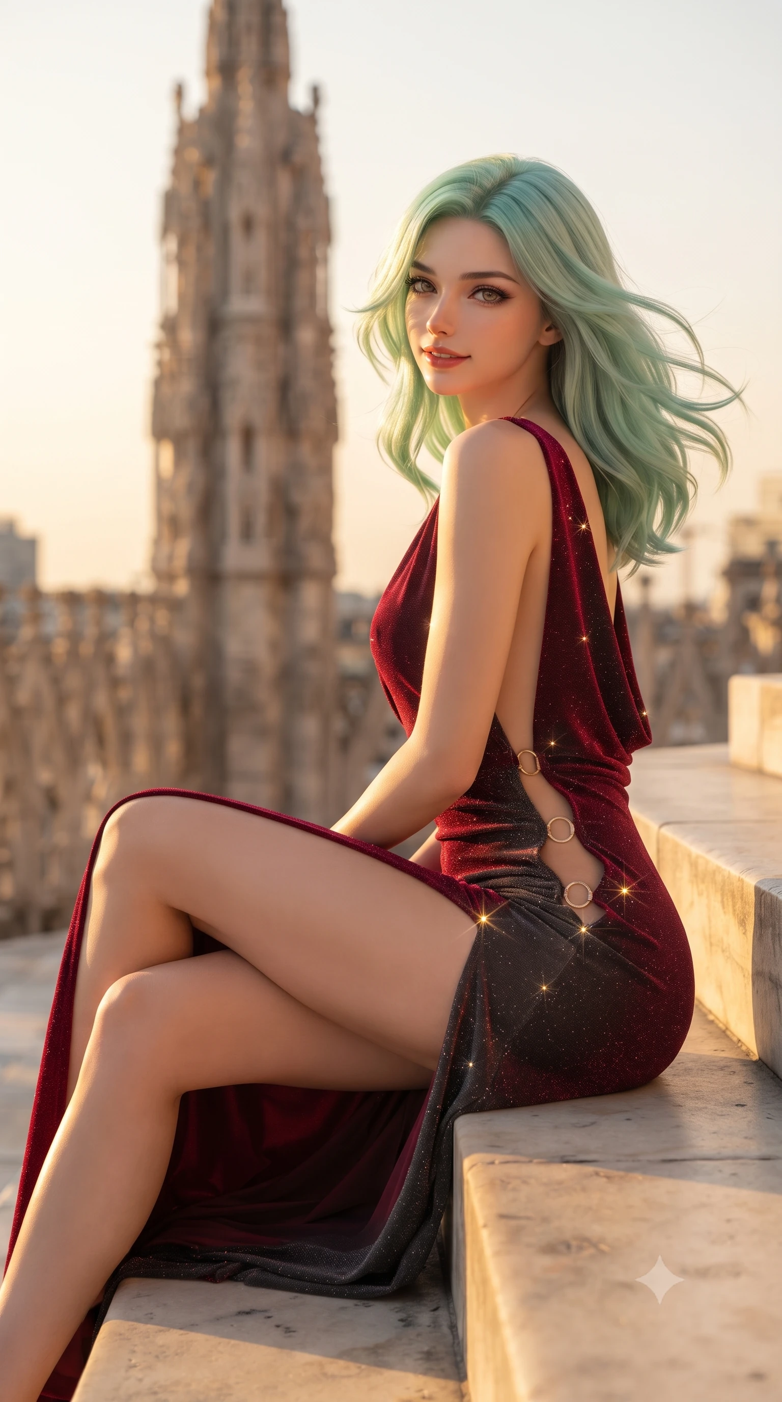score_9, masterpiece, best quality, ultra-detailed, high-budget anime keyframe, editorial fashion photography, tasteful artistic composition, Japanese woman. close-up cowboy shot from the waist and thighs up, the character dominates the composition, filling the frame with her large presence. turning slowly with an enchanting smoldering smile, her glossy hair tossing in the breeze as her hips angle gracefully in a captivating contrapposto while sitting perched on the sunlit marble steps beneath a monumental carved spire, one knee drawn up to showcase her slender leg lines. The background shows a soft-focus gilded Madonnina spire softened in historic cathedral rooftop sanctuary shallow focus. She has an exceptionally elegant, slender, and willowy female figure with an ultra-slim waist, flat toned midriff, narrow ribcage, and sculpted feminine hips creating an alluring, slim hourglass silhouette without bulk. sharp v-shaped jawline, high-bridge nose, intricate jewel-like sparkling eyes with depth, thick eyelashes, glossy parted lips with a natural peach sheen, bright cheerful beaming smile with an enchanting and coquettish sensual glint, exuding both youthful cute charm and seductive allure, flawlessly proportioned anatomical accuracy, strict slender model proportions, natural body alignment, perfectly sculpted long slender limbs, ultra-slim waistline, clean dynamic posture without body distortion. wearing a deep plunge-neck stretch velvet gown with a daring thigh-high side slit and open cowl back in rich ruby crimson and dark brushed titanium, woven from stretch metallic lurex jersey casting radiant starlight glints across her curves, finished with fine gold ring clasps securing the daring side openings along her hip line, the high-slit wrap tailoring accentuating her ultra-slim waistline and the enchanting curve of her feminine hips with alluring seductive charm. bathed in breathtaking low-angle 3200K sunset golden hour sunlight illuminating the pale marble in radiant apricot gold. ultra-reflective glossy finish, specular highlights, rich textural contrasts, high-contrast stereoscopic depth, volumetric dynamic lighting, 2k, ultra detail, master piece, 9:16 ratio