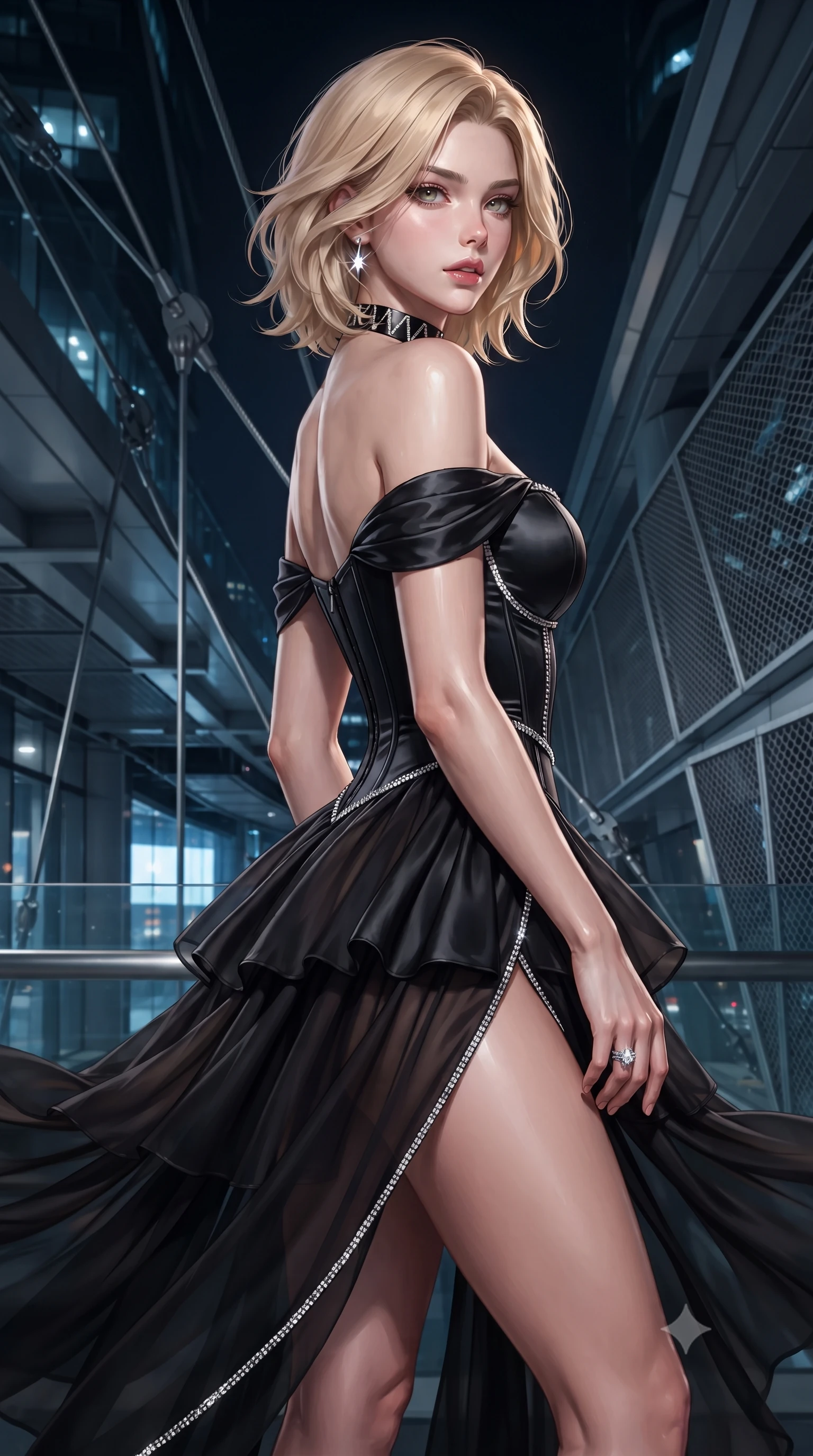 score_9, masterpiece, best quality, ultra-detailed, high-budget anime keyframe, editorial fashion photography, tasteful artistic composition, Caucasian woman. close-up cowboy shot from the waist and thighs up, the character dominates the composition, filling the frame with her large presence. turning over a bare shoulder with an intoxicating, teasing smile, her soft hair framing her sharp jawline as her hips angle gracefully while executing an elegant mid-motion turn as night winds whip her high-slit dress, her statuesque vertical presence dominating the futuristic panorama. The surrounding environment is rendered in vivid detail and crisp panoramic clarity. sharp skyway glass panel joints, stainless steel suspension cables, and futuristic architectural mesh in deep focus. She has an exceptionally elegant, slender, and willowy female figure with an ultra-slim waist, flat toned midriff, narrow ribcage, and sculpted feminine hips creating an alluring, slim hourglass silhouette without bulk. sharp v-shaped jawline, high-bridge nose, intricate jewel-like eyes with depth, thick eyelashes, glossy parted lips with a natural sheen, intensely captivating and seductive bedroom-eyes expression, flawlessly proportioned anatomical accuracy, strict slender model proportions, natural body alignment, perfectly sculpted long slender limbs, ultra-slim waistline, clean dynamic posture without body distortion. wearing an off-shoulder French court corset bodice dress paired with a tiered translucent chiffon slit skirt in pitch-black velvet with diamond crystal trim, tailored from ultra-smooth duchess satin with a pearlescent sheen, complemented by a bold geometric choker and sparkling cocktail ring, the second-skin form-contouring cut accentuating her sculpted flat midriff, narrow delicate ribcage, and gracefully curvy hips with supermodel precision. surrounded by a visionary, electrifying, and breathlessly magnificent eco-metropolis queen aura. ultra-reflective glossy finish, specular highlights, rich textural contrasts, high-contrast stereoscopic depth, volumetric dynamic lighting, 2k, ultra detail, master piece, 9:16 ratio