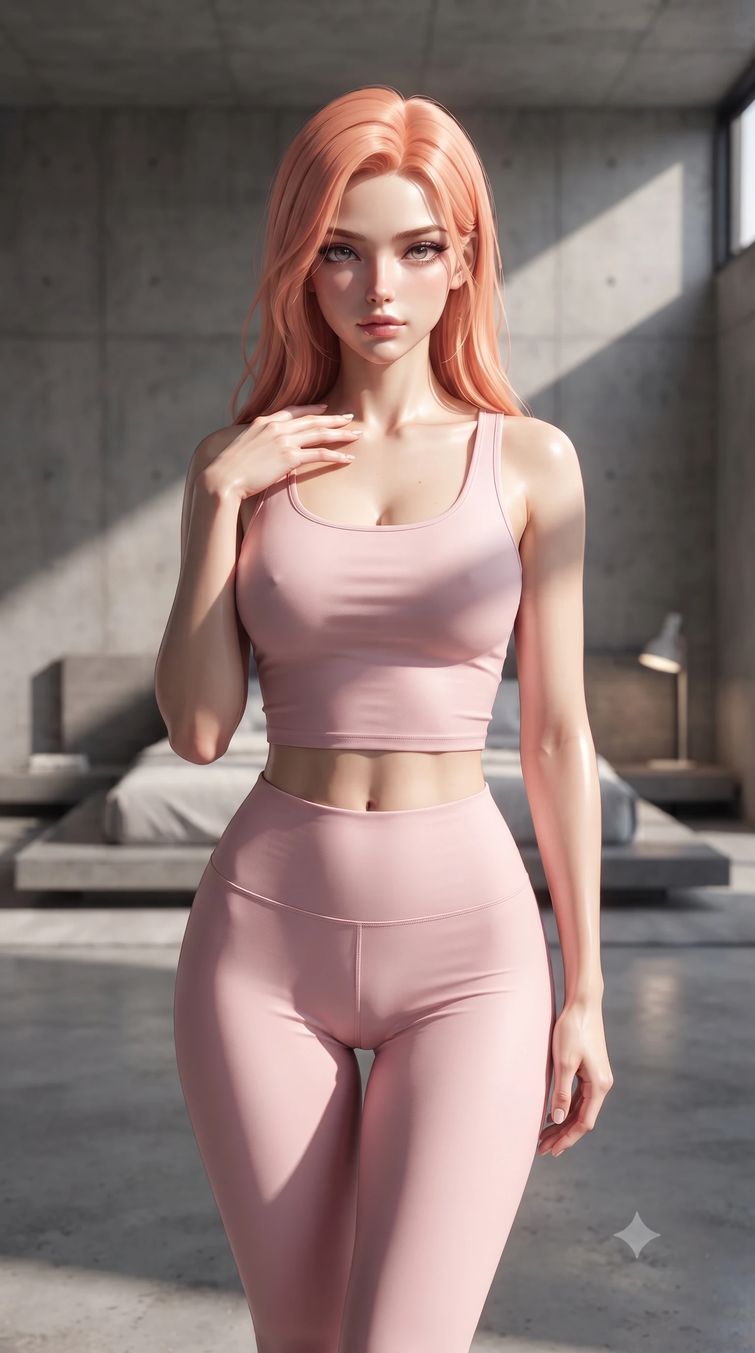 score_9, masterpiece, best quality, ultra-detailed, high-budget anime keyframe, editorial fashion photography, tasteful artistic composition, Japanese woman woman. close-up cowboy shot from the waist and thighs up, the character dominates the composition, filling the frame with her large presence, background elements kept in soft focus. standing with one hand resting on her collarbone, looking at the viewer with bedroom-eyes the background shows a soft-focus a spacious minimalist bedroom with raw concrete walls and a low platform bed. She has an exceptionally elegant, slender, and willowy female figure with an ultra-slim waist, a gracefully sculpted slender torso, and a refined silhouette. sharp v-shaped jawline, high-bridge nose, intricate jewel-like eyes with depth, thick eyelashes, glossy lips with a natural sheen. wearing a slim-fit body-hugging light pink crop tank top paired with high-waisted tight-fitting leggings. stark afternoon sunbeams slicing through a high window, creating Chiaroscuro shadows. ultra-reflective glossy finish, specular highlights, metallic sheen, high-contrast stereoscopic depth, volumetric dynamic lighting, 2k, ultra detail, master piece, 9:16 ratio