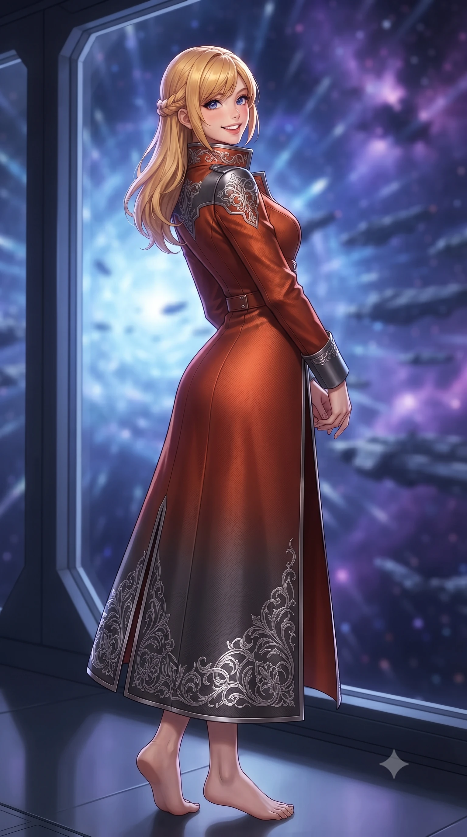 score_9, masterpiece, best quality, ultra-detailed, high-budget anime keyframe, editorial fashion photography, tasteful artistic composition, Caucasian woman. low angle full-body shot from head to toe showing her feet, filling the entire 9:16 vertical frame with her statuesque presence, stretching her vertical silhouette. posing in a classic haute-couture S-curve stance beside the floor-to-ceiling window, looking over a bare shoulder with magnetic presence while standing poised on the high-altitude circular observation balcony at the apex of the orbital fortress, arching her lower back with sovereign supermodel grace as armada formations gather. The background shows a soft-focus shimmering indigo hyperspace warp gate vortex, rows of dreadnought formations, and distant purple nebula clouds blurred into indigo, sapphire, and diamond bokeh. She has an exceptionally tall and slender model-like 8.5-heads proportion, an ultra-slim waist, a flat toned midriff, narrow delicate ribcage, and beautifully sculpted feminine hips creating a graceful, slim hourglass silhouette without any bulky heaviness, with impossibly long slender legs. sharp v-shaped jawline, high-bridge nose, intricate jewel-like sparkling eyes with depth, thick eyelashes, glossy parted lips with a natural peach sheen, bright cheerful beaming smile with an enchanting and coquettish sensual glint, exuding both youthful cute charm and seductive allure, flawlessly proportioned anatomical accuracy, strict slender model proportions, natural body alignment, perfectly sculpted long slender limbs, ultra-slim waistline, clean dynamic posture without body distortion. wearing an aristocratic deep-space admiral longcoat with silver filigree embroidery along the hem and high structured collar in volcanic ember orange and brushed gunmetal, woven from structured carbon-fiber jacquard with rich textural depth, finished with sleek magnetic buckle closures fluttering in the breeze, the bespoke structured tailoring following the natural line of her 8.5-heads silhouette with refined elegance. illuminated by dark obsidian deck bounce and sharp indigo-platinum rim lights defining her razor-sharp jawline, narrow waist, and curvy hips. ultra-reflective glossy finish, specular highlights, rich textural contrasts, high-contrast stereoscopic depth, volumetric dynamic lighting, 2k, ultra detail, master piece, 9:16 ratio