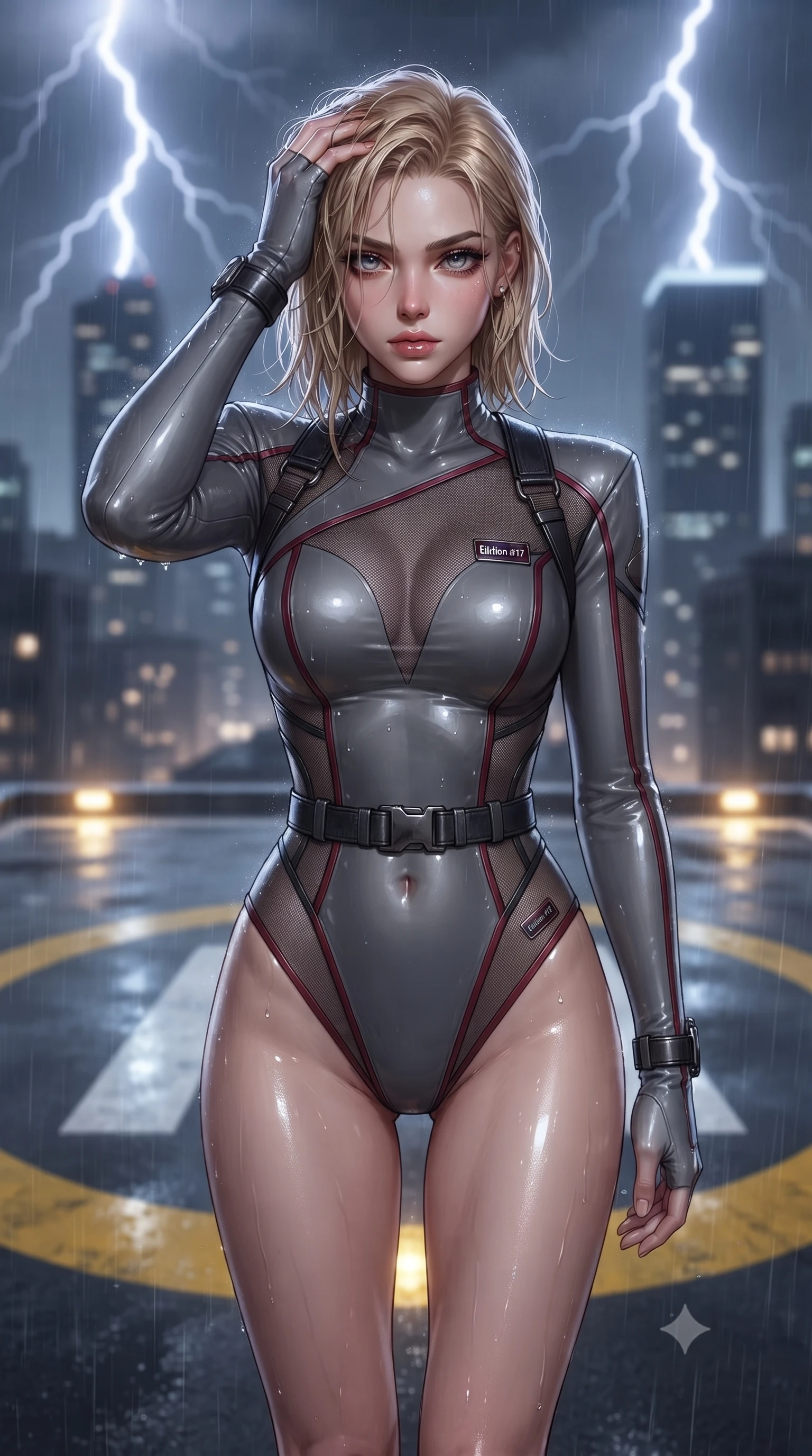 score_9, masterpiece, best quality, ultra-detailed, high-budget anime keyframe, editorial fashion photography, tasteful artistic composition, Caucasian woman. close-up cowboy shot from the waist and thighs up, the character dominates the composition, filling the frame with her large presence. extending one slender arm gracefully toward the foreground while casting an affectionate, mesmerizing glance while standing resolute at the center of the illuminated yellow helipad circle, pushing wet hair from her forehead with a fierce gaze. The composition keeps background elements in soft focus with creamy bokeh. violent lightning forks and distant glowing skyscraper crowns blurred into charcoal, slate-blue, and electric white bokeh. She has an exceptionally elegant, slender, and willowy female figure with an ultra-slim waist, a gracefully sculpted slender torso, toned flat midriff, and a refined slim silhouette. sharp v-shaped jawline, high-bridge nose, intricate jewel-like eyes with depth, thick eyelashes, glossy lips with a natural sheen, captivating and magnetic expression, flawlessly proportioned anatomical accuracy, strict slender model proportions, natural body alignment, perfectly sculpted long slender limbs, ultra-slim waistline, clean dynamic posture without body distortion. wearing a sharp asymmetrical spy bodysuit with sheer contouring mesh panels, reinforced strike shoulders, and utility waist harness in storm grey and dark scarlet trim, made of high-mobility liquid jersey and semi-opaque reinforced mesh, accented with concealed lockpick wristbands and polished dark chrome hardware edition #17, the glove-like aerodynamic second-skin fit tightly clinging to her ultra-slender waist and athletic curves without adding bulk, accentuating her razor-sharp statuesque lines and slim hourglass silhouette. illuminated by wet specular highlights tracing her sculpted flat midriff, waistline, and long legs. ultra-reflective glossy finish, specular highlights, rich textural contrasts, high-contrast stereoscopic depth, volumetric dynamic lighting, 2k, ultra detail, master piece, 9:16 ratio