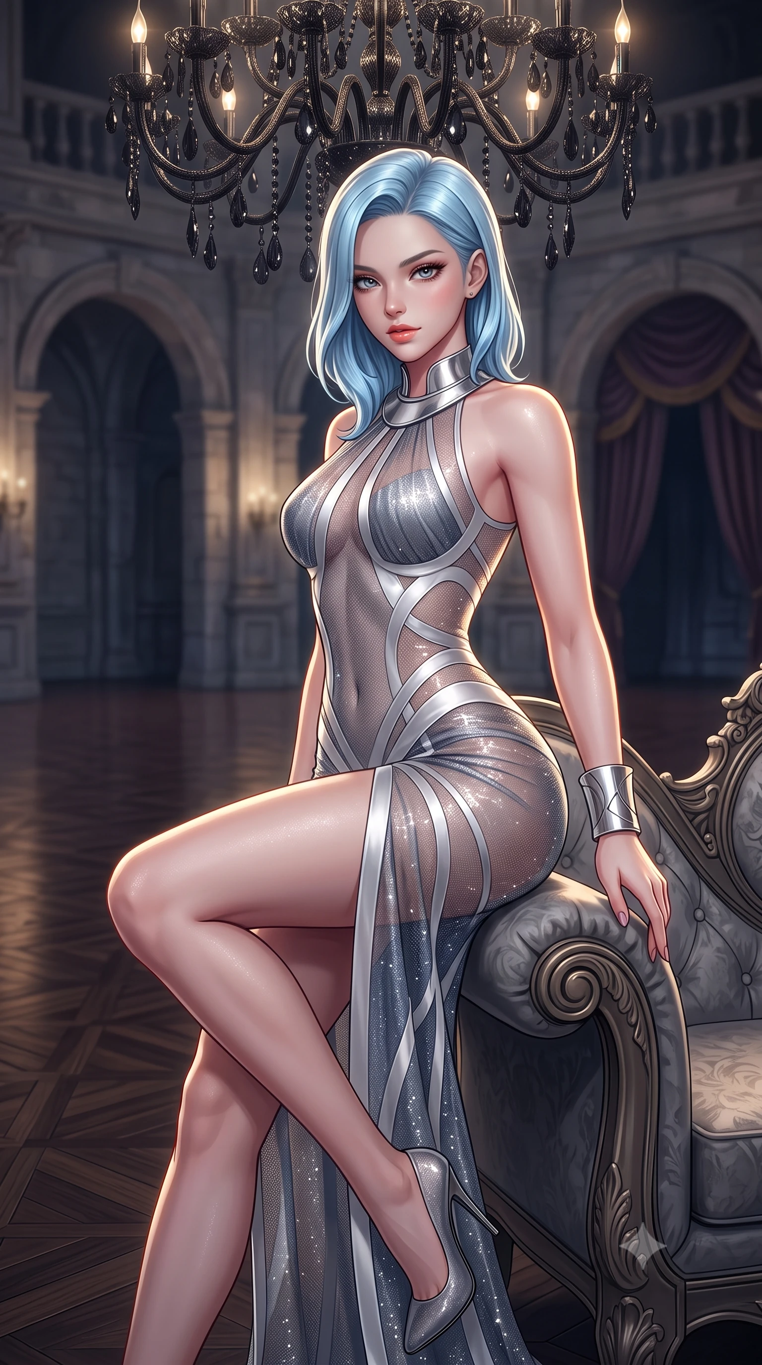 score_9, masterpiece, best quality, ultra-detailed, high-budget anime keyframe, semi-realistic 3D game render, editorial fashion photography, tasteful artistic composition, Korean woman. close-up cowboy shot from the waist and thighs up, the character dominates the composition, filling the frame with her large presence. perched sideways on the lounge seat, one knee drawn up to showcase her slender leg line while her arched back accentuates her feminine hip curve while standing poised in the center of the vast deserted ballroom under a colossal black-crystal chandelier, arching her back with supreme elegance. The background shows a soft-focus polished ballroom floor reflections softened in opulent gothic shallow focus. She has an exceptionally elegant, slender, and willowy female figure with an ultra-slim waist, flat toned midriff, narrow ribcage, and sculpted feminine hips creating an alluring, slim hourglass silhouette without bulk. sharp v-shaped jawline, high-bridge nose, sparkling eyes with hypnotic seductive depth, thick curled eyelashes, glossy parted lips with a natural dewy peach sheen, alluring bedroom-eyes with an enchanting coquettish smile, exuding magnetic siren charisma and sophisticated glamour, flawlessly proportioned anatomical accuracy, strict slender model proportions, natural body alignment, perfectly sculpted long slender limbs, ultra-slim waistline, clean dynamic posture without body distortion. wearing a provocative sheer illusion mesh vampire gown with liquid satin ribbons contouring her hourglass curves in architectural titanium grey and pure milk white, woven from stretch metallic lurex jersey casting radiant starlight glints across her silhouette, finished with a sculptural silver torque collar and a matching wide architectural wrist cuff, the second-skin tailored fabric adhering flawlessly to her sculpted flat midriff and slender torso, emphasizing her long leg lines and perfectly proportioned willowy build. illuminated by parquet floor reflection fill and sharp golden rim lights defining her razor-sharp jawline, narrow waist, and curvy hips. highly saturated vibrant anime colors, detailed shading with soft gradients, rich glossy textures, high-contrast stereoscopic depth, volumetric dynamic lighting, master piece, 9:16 ratio