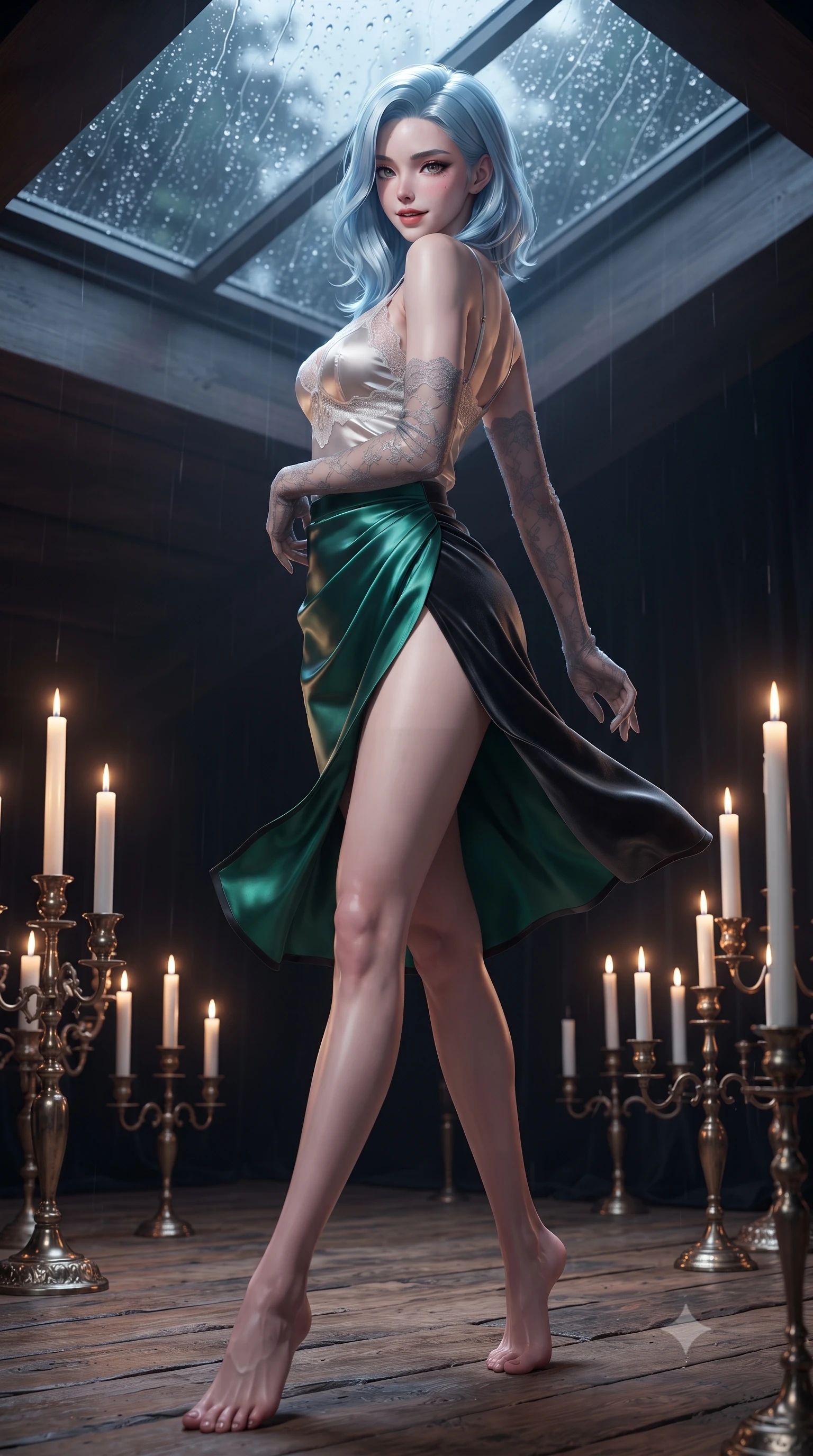 score_9, masterpiece, best quality, ultra-detailed, high-budget anime keyframe, editorial fashion photography, tasteful artistic composition, Korean woman. low angle full-body shot from head to toe showing her feet, filling the entire 9:16 vertical frame with her statuesque presence, stretching her vertical silhouette. executing a slow, graceful pivot turn as her skirt sways around her slender legs, glancing back with an enchanting, teasing sensual expression while twisting her slender torso in an alluring contrapposto stance, midnight rain tapping on glass above as candlelight plays across her curves. The surrounding environment is rendered in vivid detail and crisp panoramic clarity: sharp rain droplet beads on skylight glass, rough-hewn oak floorboards, and antique brass candelabra details in deep focus. She has an absolutely perfect, statuesque 8.5-heads proportion, an exceptionally tall and slender model-like female figure with impossibly long slender legs, an ultra-slim waist, a flat toned midriff, narrow delicate ribcage, and beautifully sculpted feminine hips creating a graceful, slim hourglass silhouette without any bulky heaviness. sharp v-shaped jawline, high-bridge nose, sparkling eyes with hypnotic seductive depth, thick curled eyelashes, glossy parted lips with a natural dewy peach sheen, alluring bedroom-eyes with an enchanting coquettish smile, exuding magnetic siren charisma and sophisticated glamour, flawlessly proportioned anatomical accuracy, strict slender model proportions, natural body alignment, perfectly sculpted long slender limbs, ultra-slim waistline, clean dynamic posture without body distortion. wearing a delicate lace-trimmed silk camisole paired with a draped satin wrap sarong mini skirt with high side slit in iridescent emerald satin and dark charcoal velvet, tailored from fine structural neoprene with crisp architectural edges and smooth contouring, complemented by sheer opera-length lace evening gloves tracing her slender arms, the glove-like clinging cut tightly following the natural contour of her hips and long slender legs with youthful 8.5-heads elegance. bathed in the flickering warmth of clusters of tall church candles mixed with cool midnight rain ambient light. ultra-reflective glossy finish, specular highlights, rich textural contrasts, high-contrast stereoscopic depth, volumetric dynamic lighting, 2k, ultra detail, master piece, 9:16 ratio