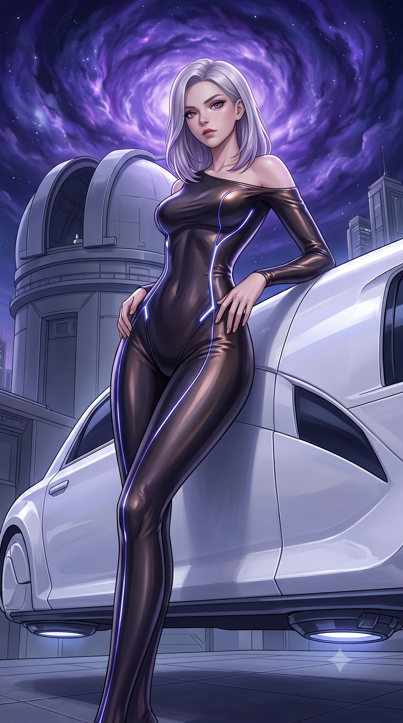 score_9, masterpiece, best quality, ultra-detailed, High-budget Anime Keyframe, Caucasian woman, strictly human ears. Low angle cowboy shot filling the entire 9:16 frame with her statuesque presence. Scenario 293: leaning against a sleek white hover-limousine by a high-altitude observatory dome under a swirling violet nebula. Her presence is magnetic and overpowering in this high-budget anime scene. Outfit 293: a form-contouring molten liquid silk second with a low-cut shoulder and glowing LED seams. The clothing is designed to emphasize her exceptionally tall and slender 8-heads proportion. 8-heads proportion, towering silhouette, ultra-slim waist. sharp v-shaped jawline, intricate jewel-like eyes with depth, thick eyelashes, glossy lips. 2k, ultra detail, master piece, 9:16 ratio