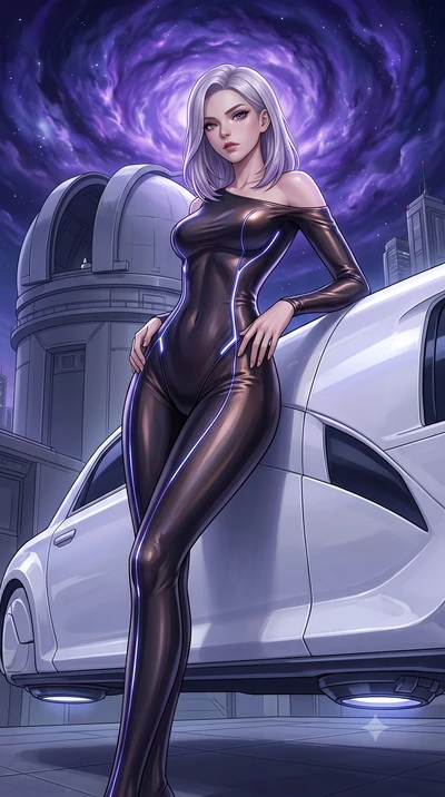 score_9, masterpiece, best quality, ultra-detailed, High-budget Anime Keyframe, Caucasian woman, strictly human ears. Low angle cowboy shot filling the entire 9:16 frame with her statuesque presence. Scenario 293: leaning against a sleek white hover-