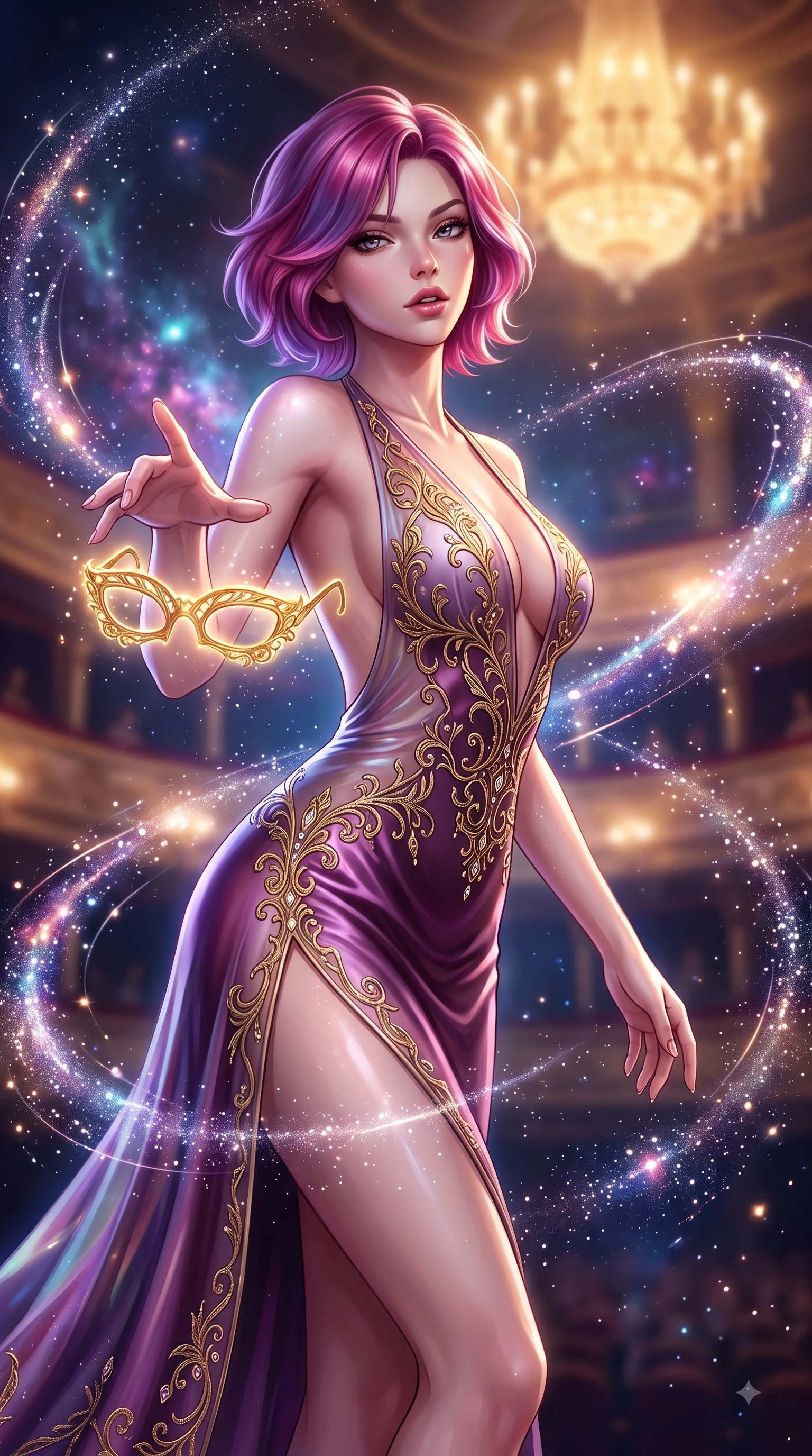 score_9, masterpiece, best quality, ultra-detailed, high-budget anime keyframe, editorial fashion photography, tasteful artistic composition, Caucasian woman. close-up cowboy shot from the waist and thighs up, the character dominates the composition, filling the frame with her large presence, background elements kept in soft focus. Leaning forward gracefully with lips parted, casting a smoldering magnetic gaze directly into the lens while reaching her hand toward a glowing golden opera spectacle floating in zero-gravity, floating starlight dust drifting around her in dynamic orbital paths. She has an exceptionally elegant, slender, and willowy female figure with an ultra-slim waist, a gracefully sculpted slender torso, and a refined silhouette. sharp v-shaped jawline, high-bridge nose, intricate jewel-like eyes with depth, thick eyelashes, glossy lips with a natural sheen, flawlessly proportioned anatomical accuracy, natural body alignment, perfectly sculpted elegant limbs, clean dynamic posture without body distortion. wearing a translucent iridescent chiffon gown with a plunging neckline and open back in plum purple and gold filigree, crafted from lustrous satin jersey with fluid draping, finished with a sleek side slit ascending to mid-thigh, the sleek second-skin texture accentuating her magnetic presence. illuminated by radiant cosmic nebula light and warm golden chandelier glow. ultra-reflective glossy finish, specular highlights, metallic sheen, high-contrast stereoscopic depth, volumetric dynamic lighting, 2k, ultra detail, master piece, 9:16 ratio