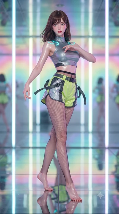 score_9, masterpiece, best quality, ultra-detailed, high-budget anime keyframe, editorial fashion photography, tasteful artistic composition, Korean woman. low angle full-body shot from head to toe showing her feet, filling the entire 9:16 vertical f