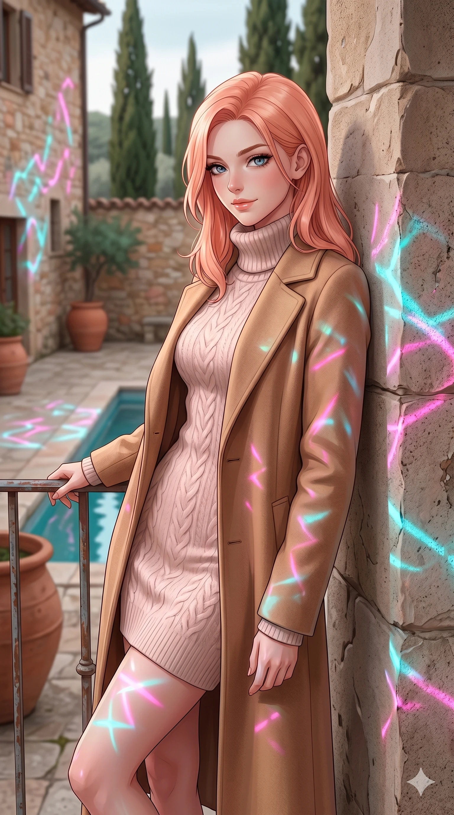 score_9, masterpiece, best quality, ultra-detailed, high-budget anime keyframe, editorial fashion photography, tasteful artistic composition, Japanese woman. cowboy shot from the thighs up, character and outfit filling the frame for maximum editorial presence. leaning against the metal railing, looking over her shoulder with a magnetic, teasing half-smile leaning against a stone pillar in a quiet courtyard of a Tuscan villa (Code-P17-052). She has an absolutely perfect 8-heads proportion, an exceptionally tall and slender female figure with impossibly long slender legs and an ultra-slim waist. V-shaped jawline, high-bridge nose, intricate jewel-like eyes with depth, thick eyelashes, glossy lips with a natural sheen. wearing a cozy high-neck turtleneck dress under a wool coat. neon pink and cyan reflections from the pool water casting shimmering light patterns. 2k, ultra detail, master piece, 9:16 ratio