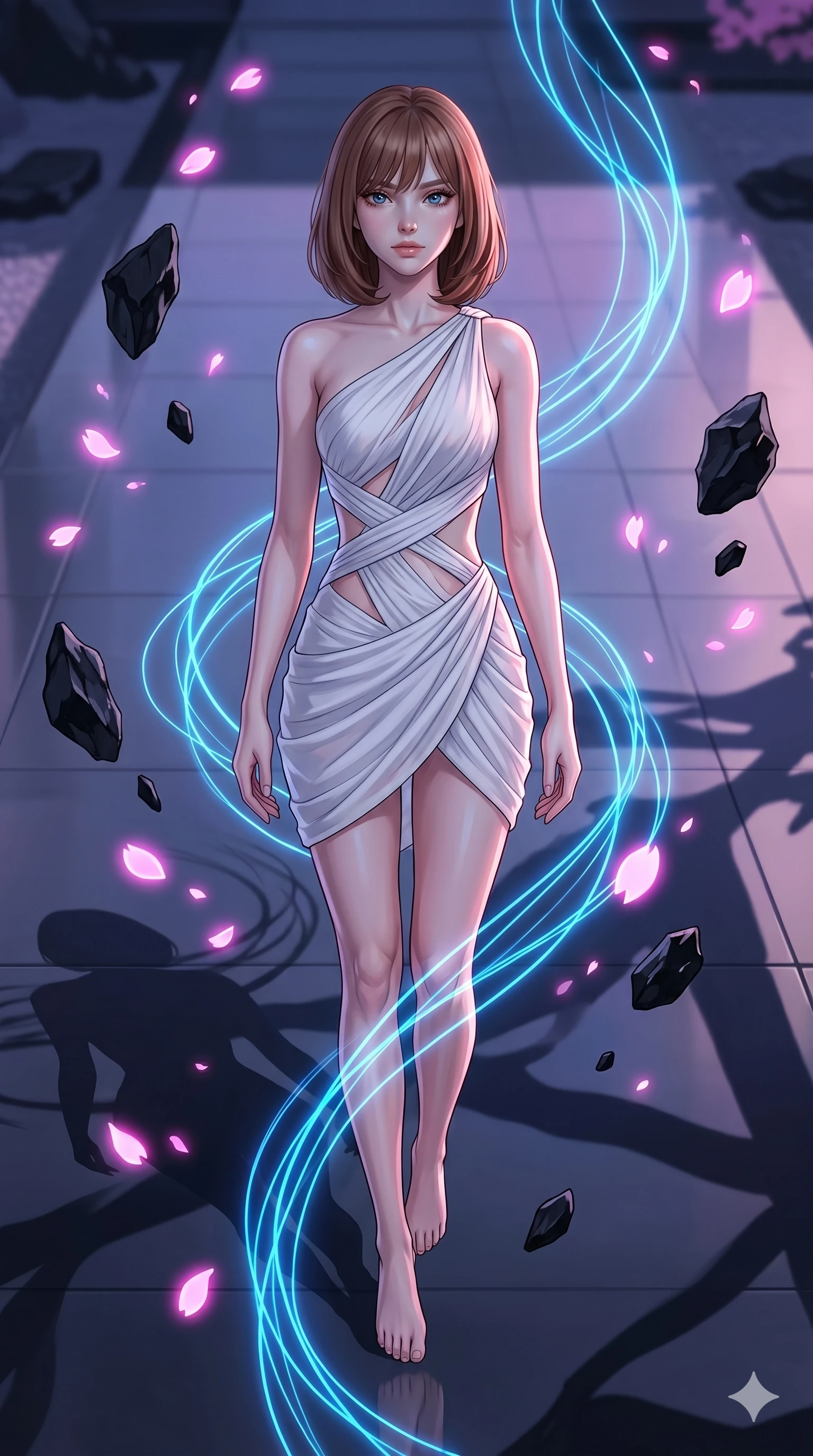 score_9, masterpiece, best quality, ultra-detailed, high-budget anime keyframe, editorial fashion photography, tasteful artistic composition, Caucasian woman, strictly human ears. upper body close-up from the thighs up, character filling the screen for maximum presence. descending from in a levitating zen garden with floating black rocks and neon cherry blossom petals as neon blue fluid lines follow her path like light trails. She has an absolutely perfect 8-heads proportion, an exceptionally tall and slender female figure with impossibly long slender legs and an ultra-slim waist. V-shaped jawline, high-bridge nose, intricate jewel-like eyes with depth, thick eyelashes, glossy lips with a natural sheen.. wearing an asymmetric chiffon draped couture mini dress, featuring draped white chiffon fabric twisting around her body with elegant diamond cutouts on the waist. under a magical twilight glow casting long dramatic shadows across the clean floor. 2k, ultra detail, master piece, 9:16 ratio
