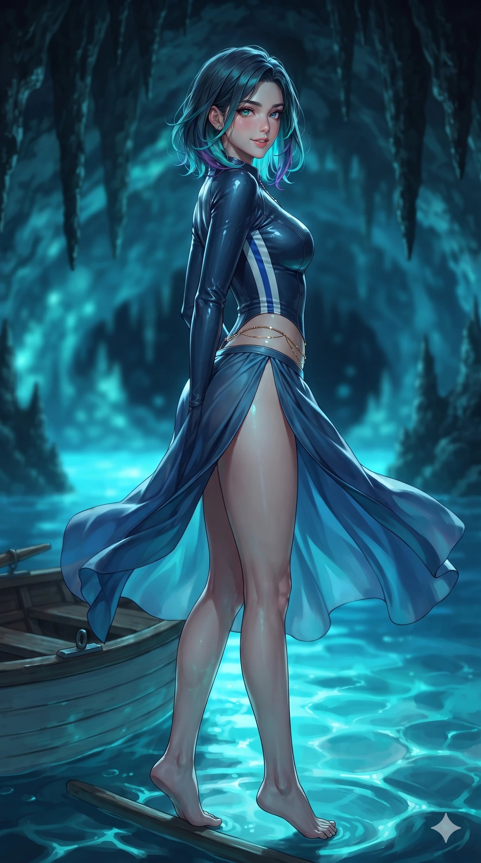 score_9, masterpiece, best quality, ultra-detailed, high-budget anime keyframe, editorial fashion photography, tasteful artistic composition, Caucasian woman. low angle full-body shot from head to toe showing her feet, filling the entire 9:16 vertical frame with her statuesque presence, stretching her vertical silhouette. executing a slow, graceful pivot turn as her silk wrap skirt sways around her slender legs, glancing back with an enchanting, teasing sensual expression while perched gracefully on the edge of a small wooden rowing boat inside the luminous grotto, arching her spine with ethereal siren poise as electric blue water glows beneath her. The background shows a soft-focus eerie glowing neon-blue cavern water, dark limestone stalactites, and tiny cave openings blurred into electric sapphire, teal, and obsidian bokeh. She has an absolutely perfect, statuesque 8.5-heads proportion, an exceptionally tall and slender model-like female figure with impossibly long slender legs, an ultra-slim waist, a flat toned midriff, narrow delicate ribcage, and beautifully sculpted feminine hips creating a graceful, slim hourglass silhouette without any bulky heaviness. sharp v-shaped jawline, high-bridge nose, sparkling eyes with hypnotic seductive depth, thick curled eyelashes, glossy parted lips with a natural dewy peach sheen, alluring bedroom-eyes with an enchanting coquettish smile, exuding magnetic siren charisma and sophisticated glamour, flawlessly proportioned anatomical accuracy, strict slender model proportions, natural body alignment, perfectly sculpted long slender limbs, ultra-slim waistline, clean dynamic posture without body distortion. wearing a form-contouring wet-look neoprene zip-front surfing bodysuit with high-cut leg openings and racing side stripes in Mykonos whitewash and cobalt blue, tailored from heavy double-faced silk georgette with an exceptionally fluid drape, accented with a dainty gold belly chain resting across her flat midriff and curving hips, the form-contouring material adhering flawlessly to her sculpted flat midriff and slender torso, emphasizing her long leg lines and perfectly proportioned willowy build. illuminated by glowing water bounce and sharp cyan-teal rim lights defining her razor-sharp jawline, narrow waist, and curvy hips against dark cavern stone. ultra-reflective glossy finish, specular highlights, rich textural contrasts, high-contrast stereoscopic depth, volumetric dynamic lighting, 2k, ultra detail, master piece, 9:16 ratio
