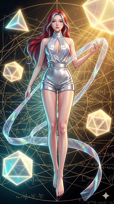 score_9, masterpiece, best quality, ultra-detailed, high-budget anime keyframe, Japanese woman. low angle full-body shot filling the entire 9:16 frame with her statuesque presence, stretching the vertical silhouette. floating gracefully in a mathemat