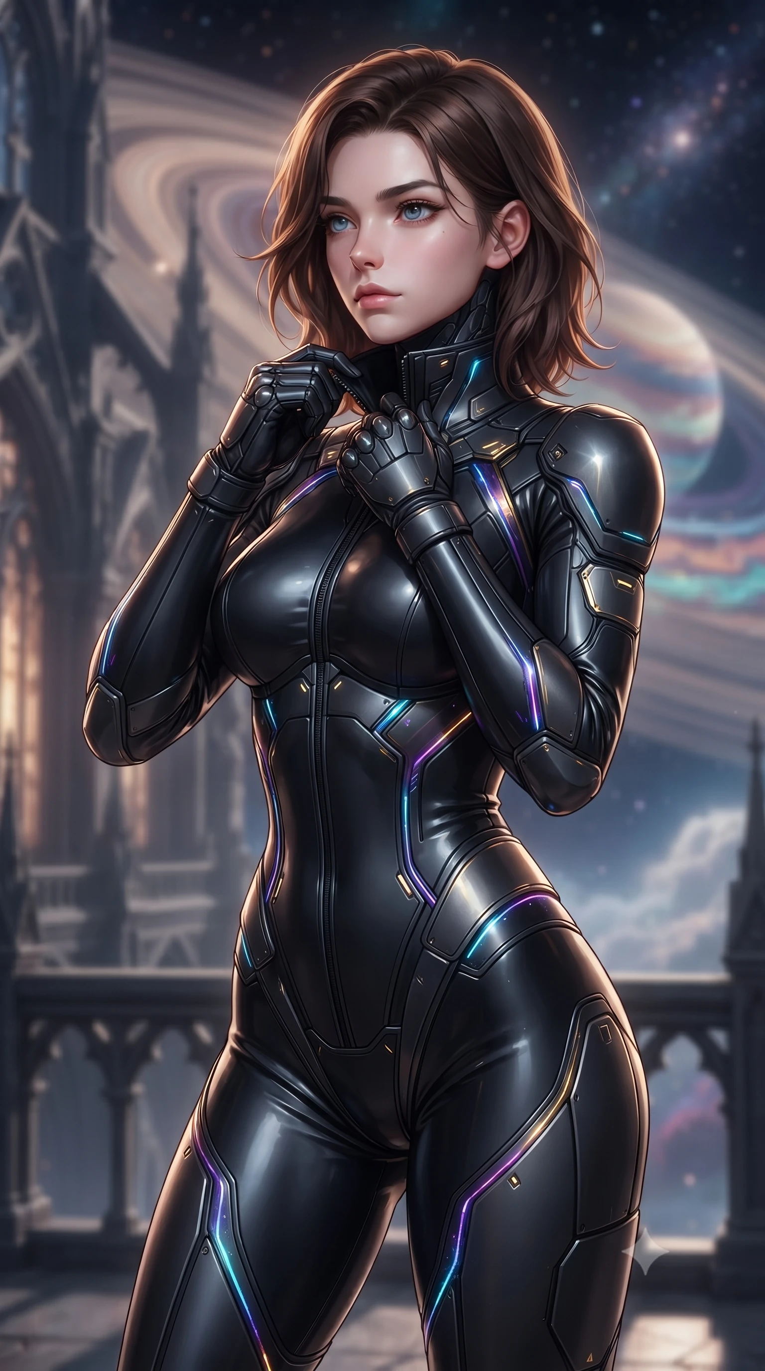 score_9, masterpiece, best quality, ultra-detailed, high-budget anime keyframe, editorial fashion photography, tasteful artistic composition, Korean woman. close-up cowboy shot from the waist and thighs up, the character dominates the composition, filling the frame with her large presence, background elements kept in soft focus. adjusting the high collar of her body-hugging suit, looking past the camera with quiet, sharp focus and a composed expression, the background shows a soft-focus a space cathedral balcony overlooking planetary dust and cloud rings. She has an exceptionally elegant, slender, and willowy female figure with an ultra-slim waist, a gracefully sculpted slender torso, and a refined silhouette. sharp v-shaped jawline, high-bridge nose, intricate jewel-like eyes with depth, thick eyelashes, glossy lips with a natural sheen. wearing a form-contouring form-fitting cybernetic combat suit in matte black latex, tracing her willowy silhouette with a high neck. brilliant cosmic flares tracing the contours of her carbon armor. ultra-reflective glossy finish, specular highlights, metallic sheen, high-contrast stereoscopic depth, volumetric dynamic lighting, 2k, ultra detail, master piece, 9:16 ratio