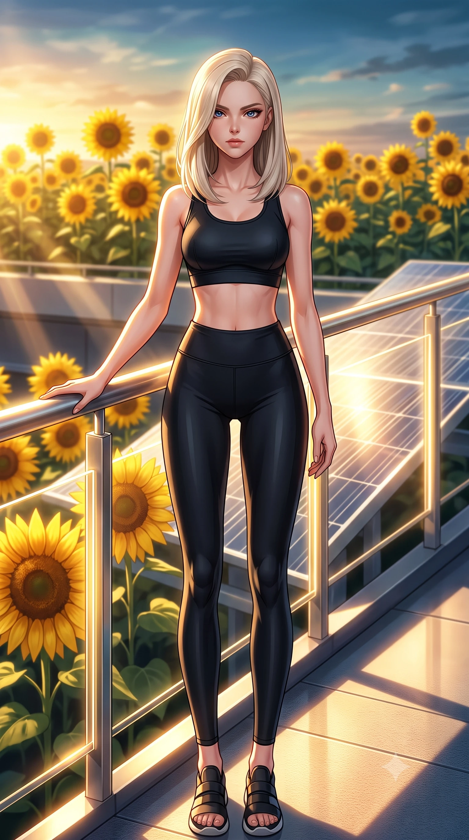 score_9, masterpiece, best quality, ultra-detailed, high-budget anime keyframe, editorial fashion photography, tasteful artistic composition, Caucasian woman. low angle full-body shot from head to toe showing her feet, filling the entire 9:16 vertical frame with her statuesque presence, stretching her vertical silhouette. standing in a tall, confident posture with one hand on a glowing metal railing, stretching her statuesque body, the background shows a soft-focus a sun-drenched sky terrace filled with genetically-engineered gold sunflowers. She has an absolutely perfect, statuesque 8.5-heads proportion, an exceptionally tall and slender model-like female figure with impossibly long slender legs and an ultra-slim waist. sharp v-shaped jawline, high-bridge nose, intricate jewel-like eyes with depth, thick eyelashes, glossy lips with a natural sheen. wearing a tailored form-fitting athletic crop top and matching high-waisted compression leggings in sleek carbon-black tech fabric. intense golden hour sun rays reflecting off solar tracking panels. highly saturated vibrant anime colors, detailed shading with soft gradients, rich glossy textures, high-contrast stereoscopic depth, volumetric dynamic lighting, master piece, 9:16 ratio