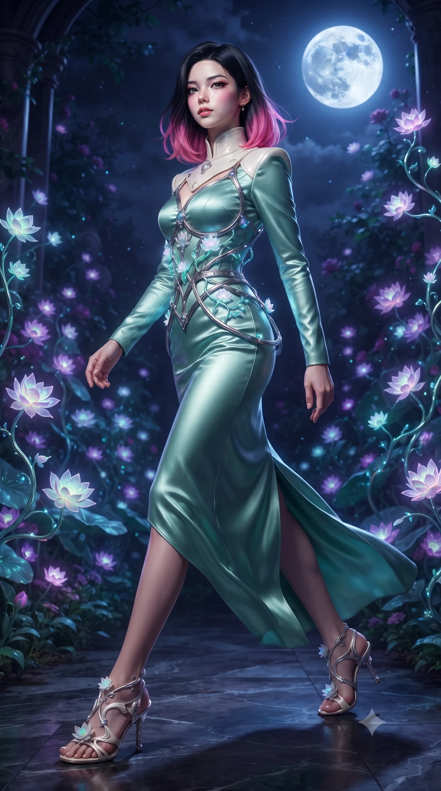 score_9, masterpiece, best quality, ultra-detailed, high-budget anime keyframe, editorial fashion photography, tasteful artistic composition, Korean woman. low angle full-body shot from head to toe showing her feet, filling the entire 9:16 vertical frame with her statuesque presence, stretching her vertical silhouette. leaping dynamically through the luminous sky, her posture full of power and elegance, walking through a shadowy garden filled with glowing opal lotus vines under a full moon, cold silver moonbeams casting sharp dramatic shadows across dark marble. She has an absolutely perfect, statuesque 8.5-heads proportion, an exceptionally tall and slender model-like female figure with impossibly long slender legs and an ultra-slim waist. sharp v-shaped jawline, high-bridge nose, intricate jewel-like eyes with depth, thick eyelashes, glossy lips with a natural sheen. wearing long-sleeved seafoam green satin gown with high structured collar in pearl white, made of polished ivory leather, highlighted by a platinum metallic harness structure, sculpting her athletic slender build with refined precision. surrounded by a mysterious nocturnal aura with glowing flower light. highly saturated vibrant anime colors, detailed shading with soft gradients, rich glossy textures, high-contrast stereoscopic depth, volumetric dynamic lighting, master piece, 9:16 ratio