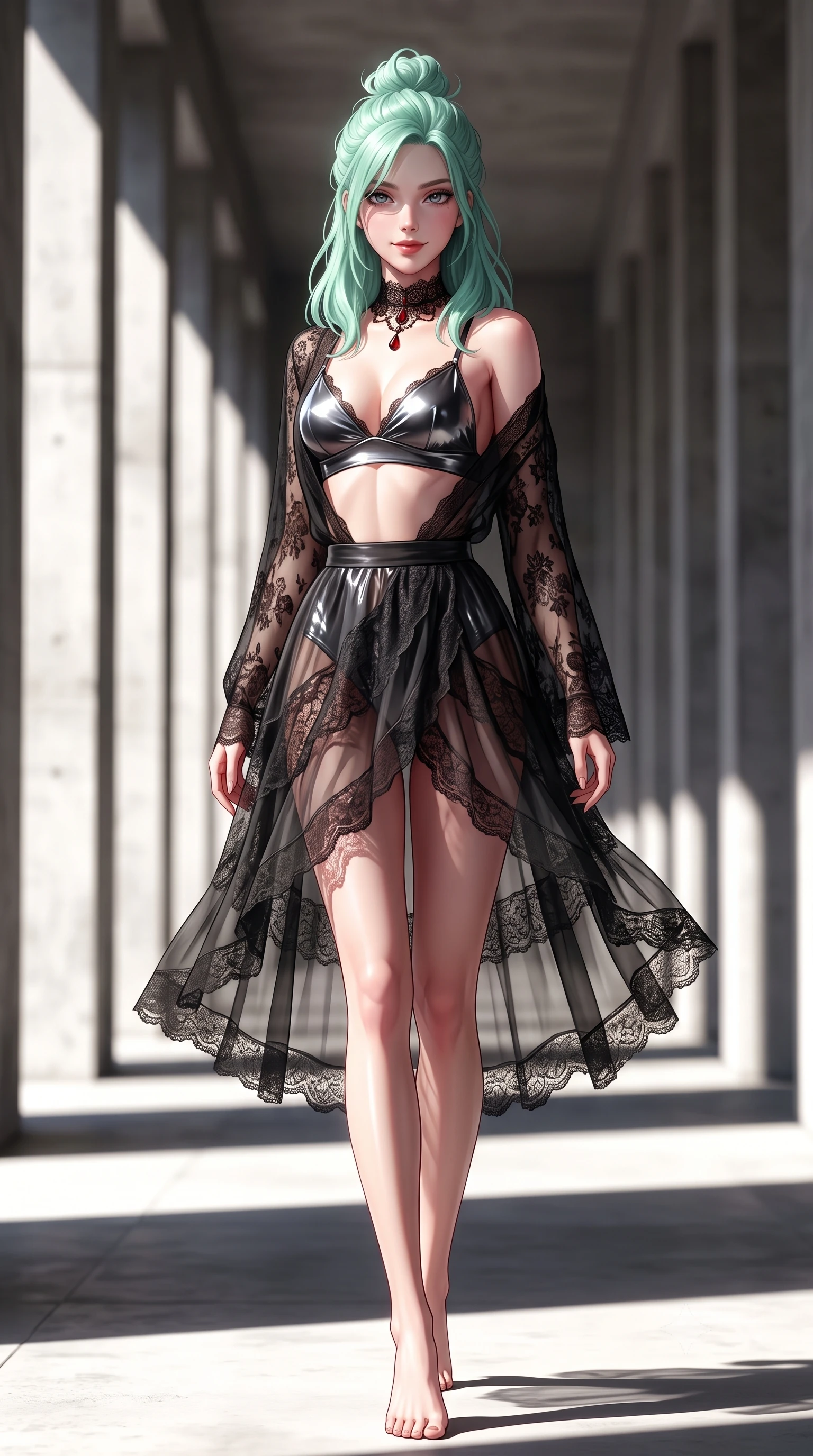 score_9, masterpiece, best quality, ultra-detailed, high-budget anime keyframe, semi-realistic 3D game render, editorial fashion photography, tasteful artistic composition, Japanese woman. low angle full-body shot from head to toe showing her feet, filling the entire 9:16 vertical frame with her statuesque presence, stretching her vertical silhouette. executing a slow, graceful pivot turn as her skirt sways around her slender legs, glancing back with an enchanting, teasing sensual expression while walking slowly down the grand concrete colonnade, hips swaying in an alluring kinetic rhythm that commands the sculptural perspective. The background shows a soft-focus diagonal sunlight wedges softened in architectural monumentality shallow focus. She has an absolutely perfect, statuesque 8.5-heads proportion, an exceptionally tall and slender model-like female figure with impossibly long slender legs, an ultra-slim waist, a flat toned midriff, narrow delicate ribcage, and beautifully sculpted feminine hips creating a graceful, slim hourglass silhouette without any bulky heaviness. sharp v-shaped jawline, high-bridge nose, sparkling eyes with hypnotic seductive depth, thick curled eyelashes, glossy parted lips with a natural dewy peach sheen, alluring bedroom-eyes with an enchanting coquettish smile, exuding magnetic siren charisma and sophisticated glamour, flawlessly proportioned anatomical accuracy, strict slender model proportions, natural body alignment, perfectly sculpted long slender limbs, ultra-slim waistline, clean dynamic posture without body distortion. wearing a delicate semi-sheer black Chantilly lace boudoir robe worn loose and slipping off bare shoulders over a matching satin bralette in molten liquid silver and midnight charcoal with platinum highlights, crafted from wet-look high-gloss vinyl fabric with dazzling specular surface reflections, accented with an ornate black lace Victorian choker featuring a single blood-red teardrop garnet, the form-contouring silhouette accentuating her sculpted flat midriff, narrow delicate ribcage, and gracefully curvy hips with intoxicating allure. bathed in intense high-noon sun creating stark, high-contrast black-and-white architectural chiaroscuro. highly saturated vibrant anime colors, detailed shading with soft gradients, rich glossy textures, high-contrast stereoscopic depth, volumetric dynamic lighting, master piece, 9:16 ratio