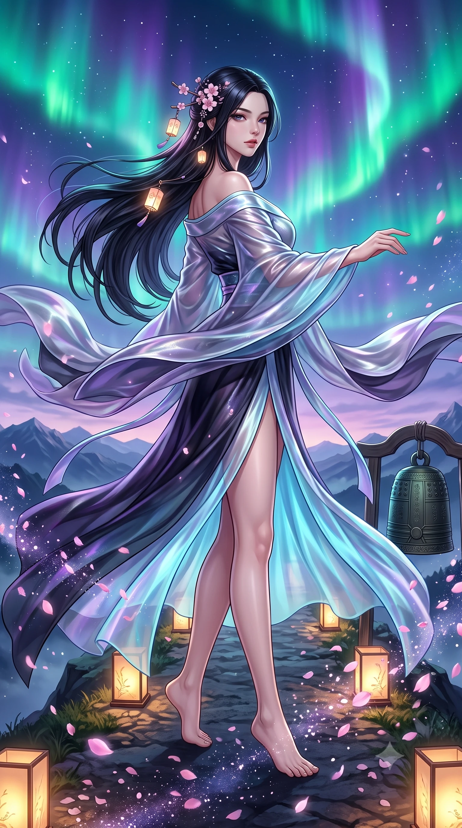 score_9, masterpiece, best quality, ultra-detailed, high-budget anime keyframe, semi-realistic 3D game render, editorial fashion photography, tasteful artistic composition, Korean woman. low angle full-body shot from head to toe showing her feet, filling the entire 9:16 vertical frame with her statuesque presence, stretching her vertical silhouette. executing an elegant mid-motion spin with effortless grace, her garments fluttering softly around her ultra-slim waistline while stepping along the mountain crest path as wind whips cherry blossom petals and stardust around her statuesque silhouette. The surrounding environment is rendered in vivid detail and crisp panoramic clarity. detailed aurora wave ribbons, distant mountain ranges, and sacred bronze bell engravings in high clarity. She has an absolutely perfect, statuesque 8.5-heads proportion, an exceptionally tall and slender model-like female figure with impossibly long slender legs, a toned flat midriff, and an ultra-slim waist. sharp v-shaped jawline, high-bridge nose, intricate jewel-like eyes with depth, thick eyelashes, glossy lips with a natural sheen, captivating and magnetic expression, flawlessly proportioned anatomical accuracy, strict slender model proportions, natural body alignment, perfectly sculpted long slender limbs, ultra-slim waistline, clean dynamic posture without body distortion. wearing an off-shoulder celestial kimono gown with fluttering silk drapes and a high side slit in dark ink-wash black and radiant moonlight cyan, made of semi-translucent iridescent organza shifting between silver and violet, accessorized with delicate cherry blossom hairpins and glowing paper lantern charms, the breezy yet form-flattering drape swaying gracefully with her steps, accentuating her long willowy limbs and slim waistline. bathed in vibrant emerald and violet aurora light overhead and warm golden lantern uplights from below. highly saturated vibrant anime colors, detailed shading with soft gradients, rich glossy textures, high-contrast stereoscopic depth, volumetric dynamic lighting, master piece, 9:16 ratio